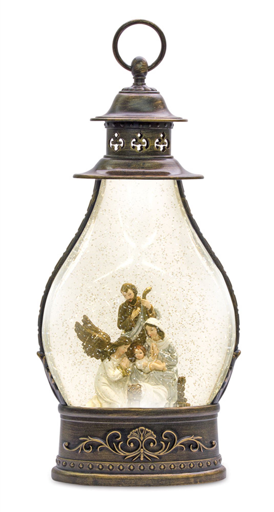 LED Snow Globe Lantern with Holy Family Nativity Scene 15.5 inchesH, BRONZE WHITE GOLD, hi-res image number 0