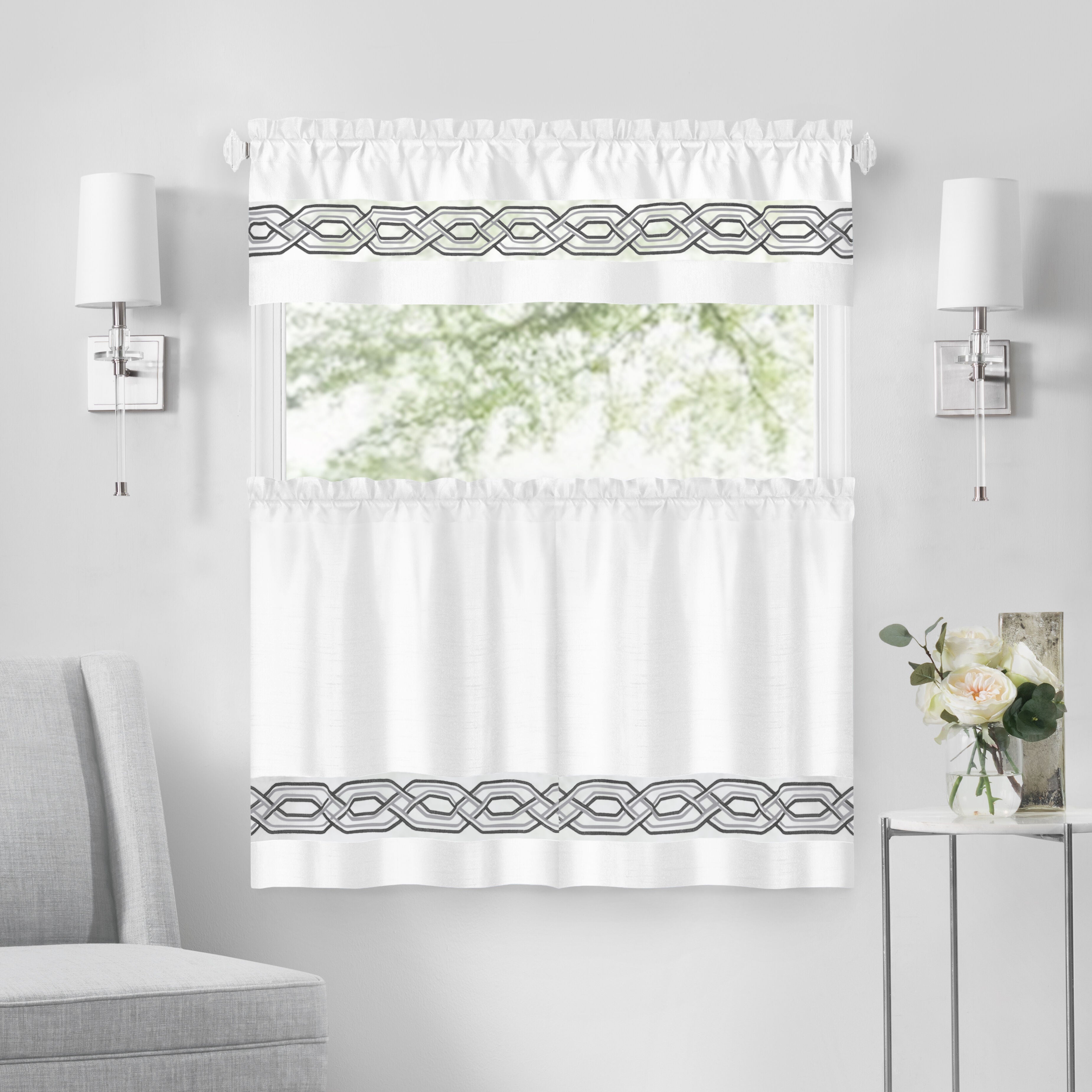 Paige Tier and Valance Window Curtain Set, WHITE, hi-res image number 0