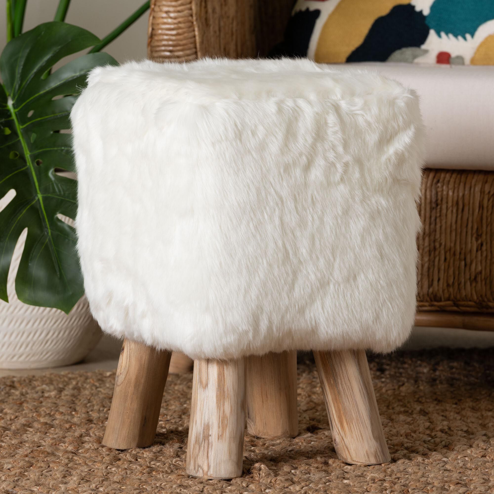 Scotlyn Faux Fur Footstool with Teak Wood Legs, WHITE, alternate image number 5