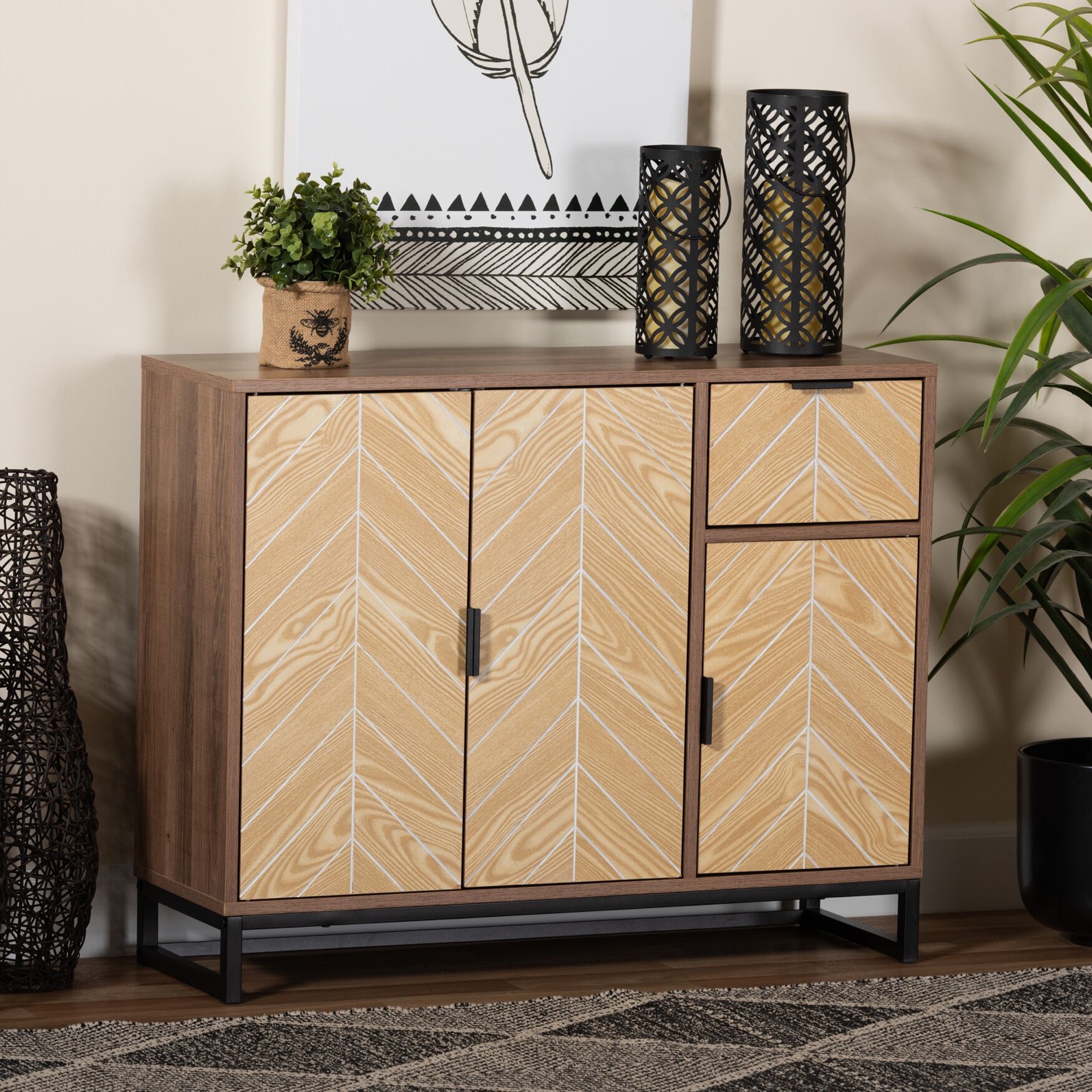 Josephine Mid-Century Modern Transitional Two-Tone Walnut And Natural Brown Finished Wood And Black Metal 3-Door Sideboard, , alternate image number 7