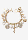 Gold Tone Charm Bracelet Crystal and Cultured Freshwater Pearl 8", CRYSTAL, hi-res image number null