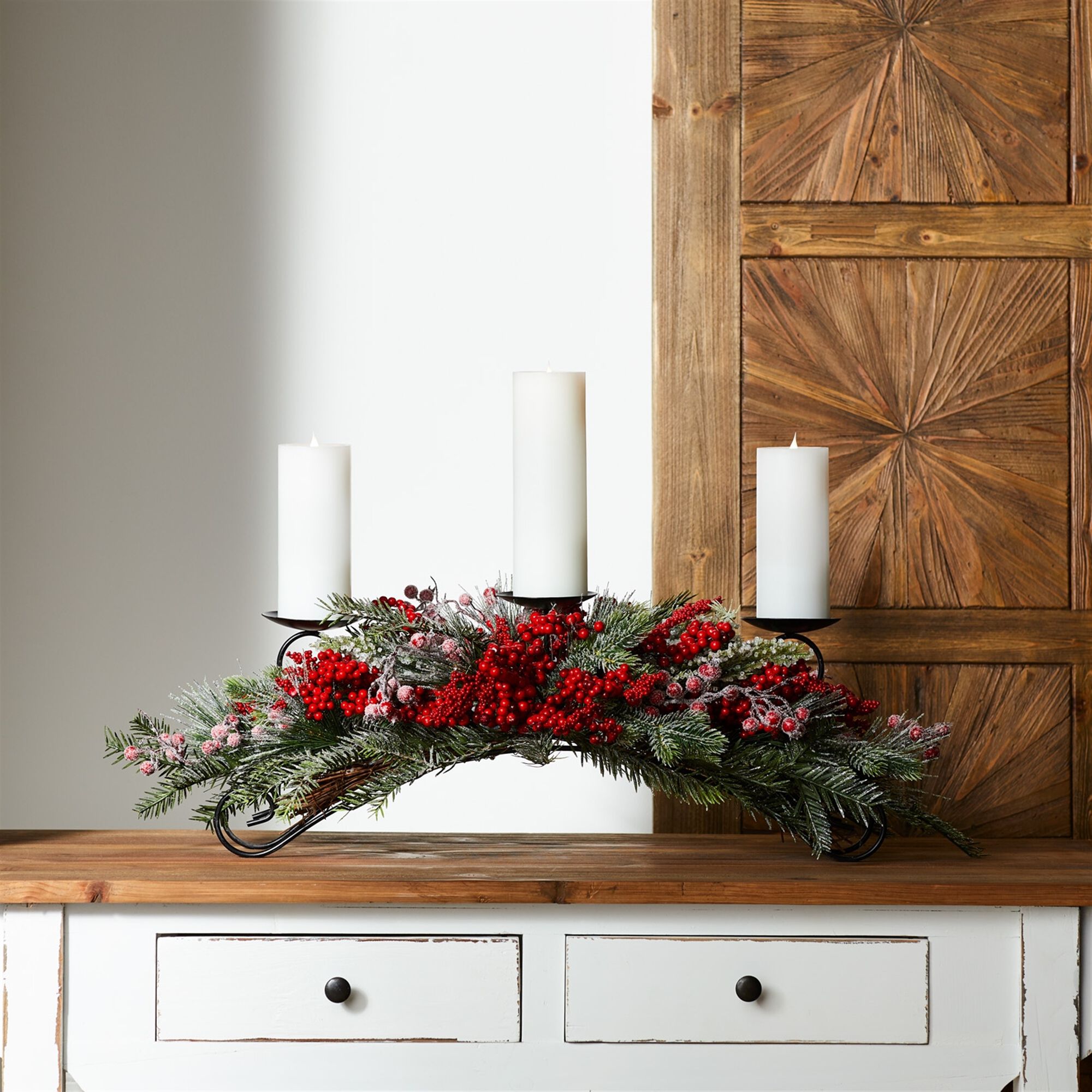 Frosted Pine and Mixed Berry Centerpiece Candle Holder 31 inchesL, GREEN RED WHITE, hi-res image number 0