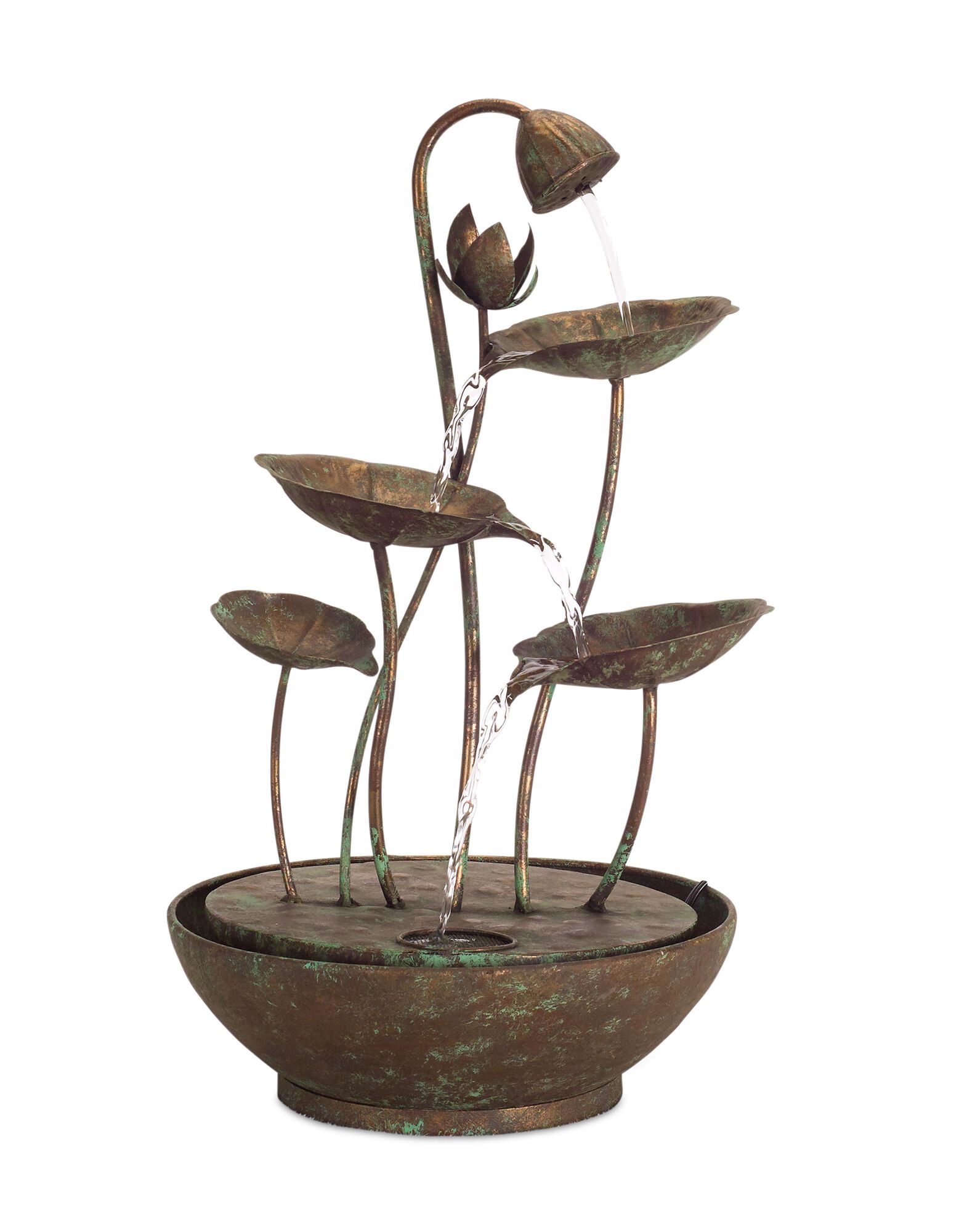 Rustic Metal Lotus Leaf Fountain 19.5 inchesH, GREEN BROWN, hi-res image number 0