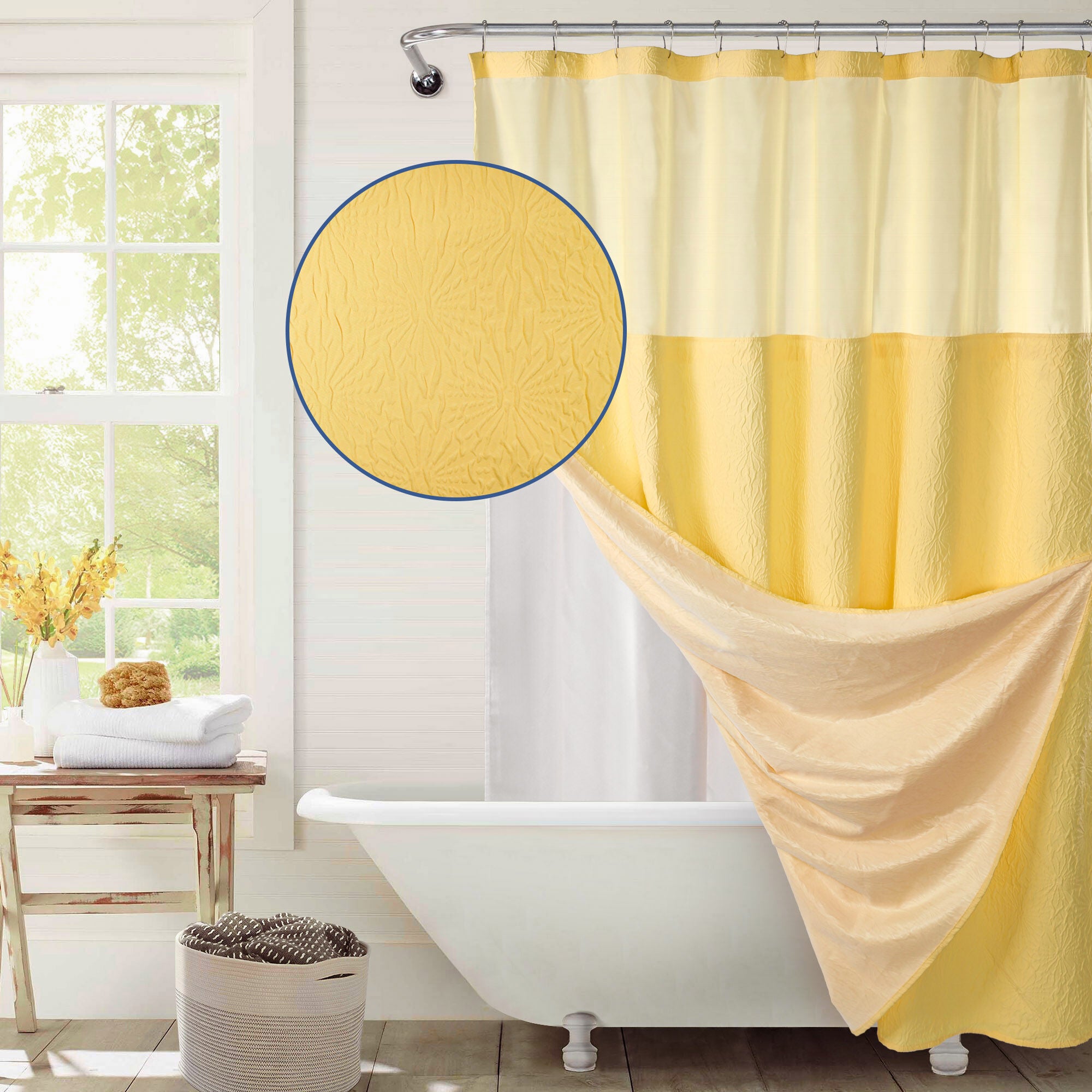 Starburst Crinkle Shower Curtain with Snap-in Liner, Hooks Included, SUNSHINE, hi-res image number 0