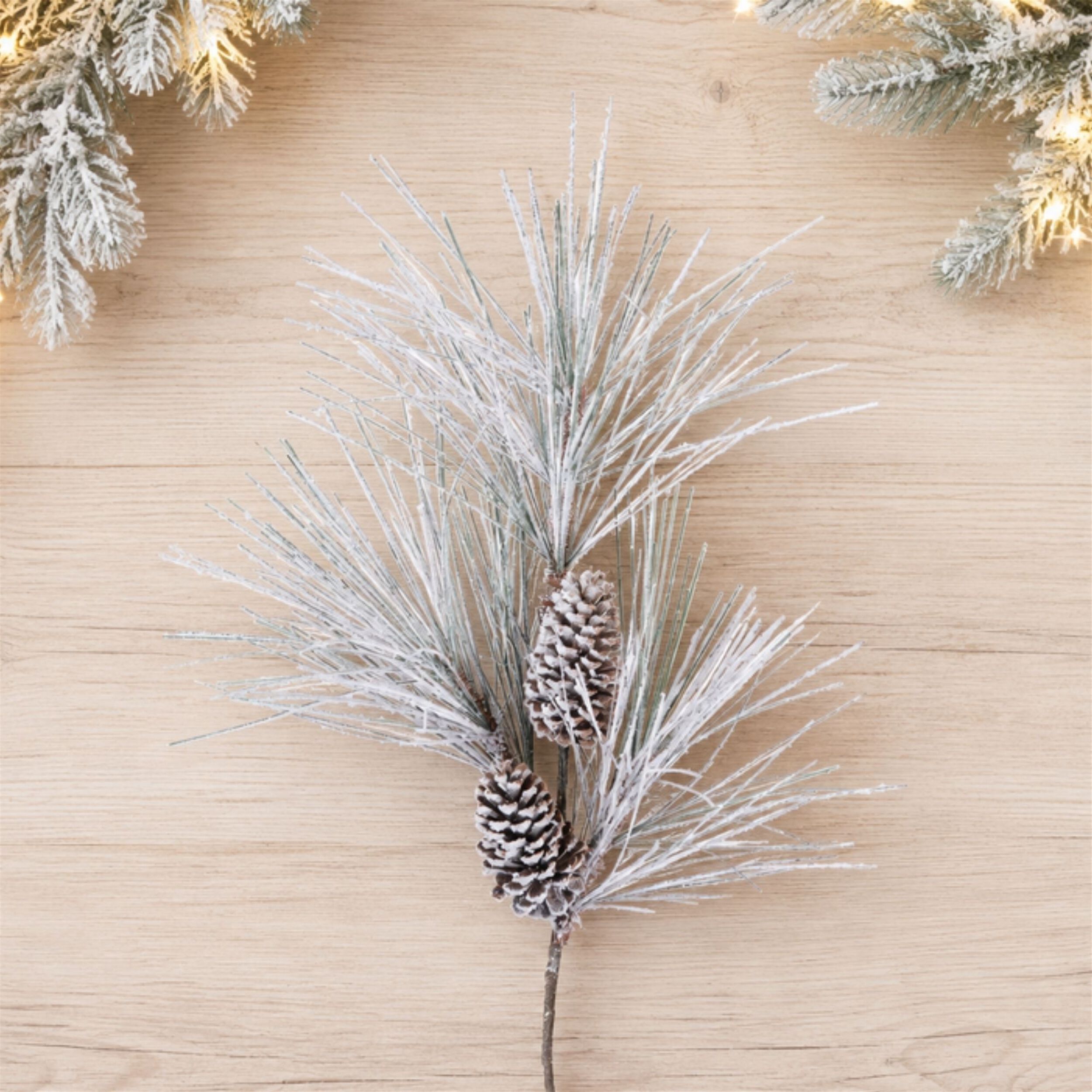 Flocked Long Needle Pine Spray (Set of 4), WHITE GREEN BROWN, alternate image number 2
