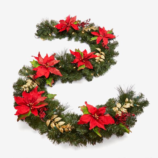 Pre-Lit Poinsettia Garland, RED, hi-res image number null
