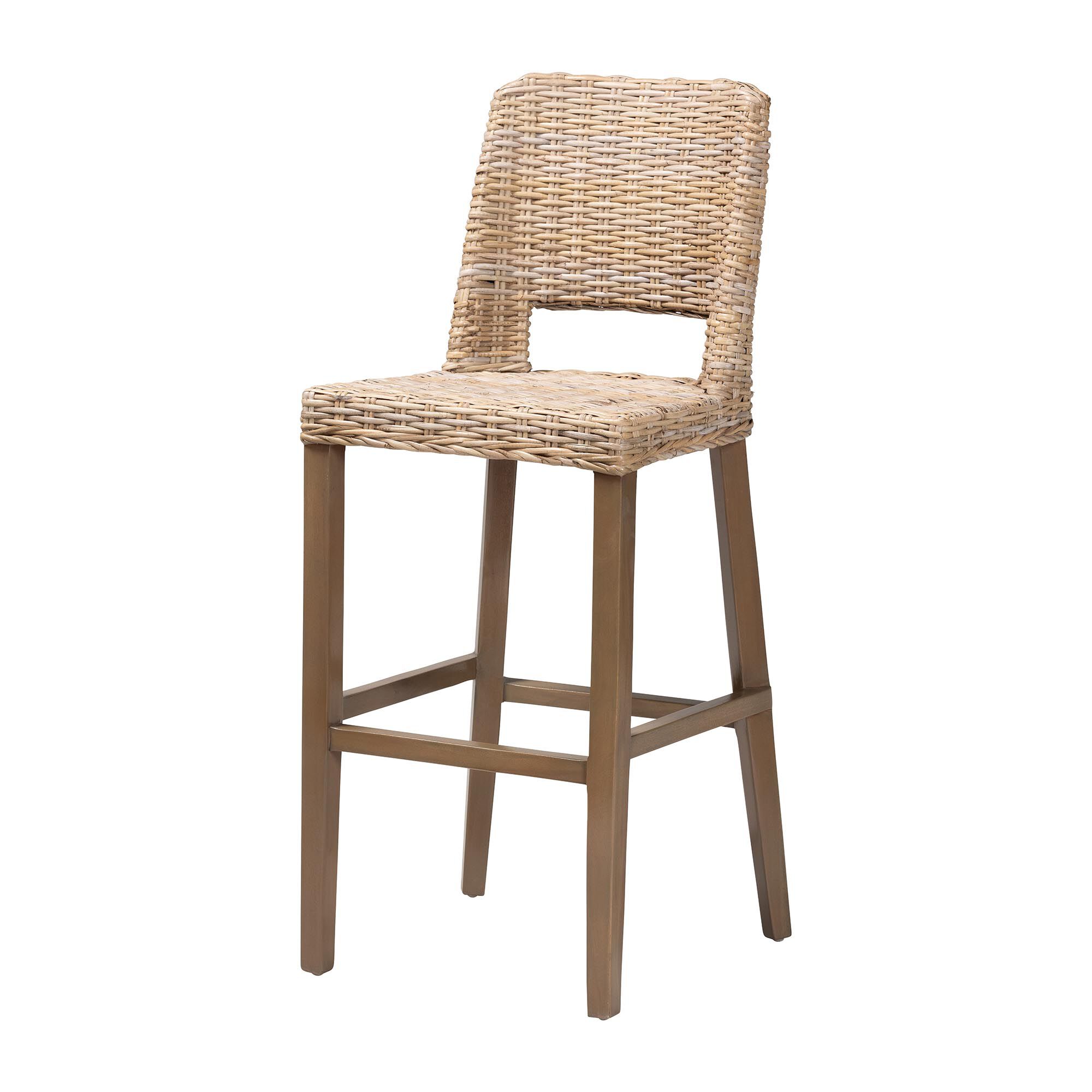 Magy Modern Bohemian Grey Kubu Rattan and Mahogany Wood Bar Stool, GREY, alternate image number 2