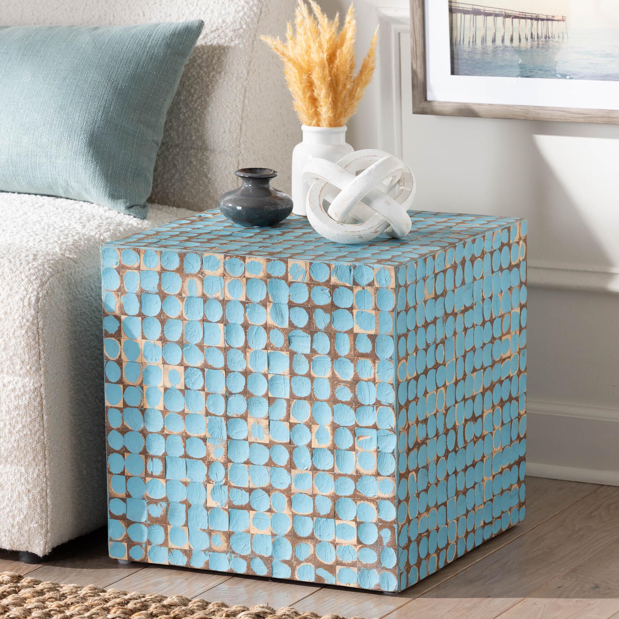 Janella Bohemian Coconut Shell and Acacia Wood End Table, BLUE, hi-res image number 0