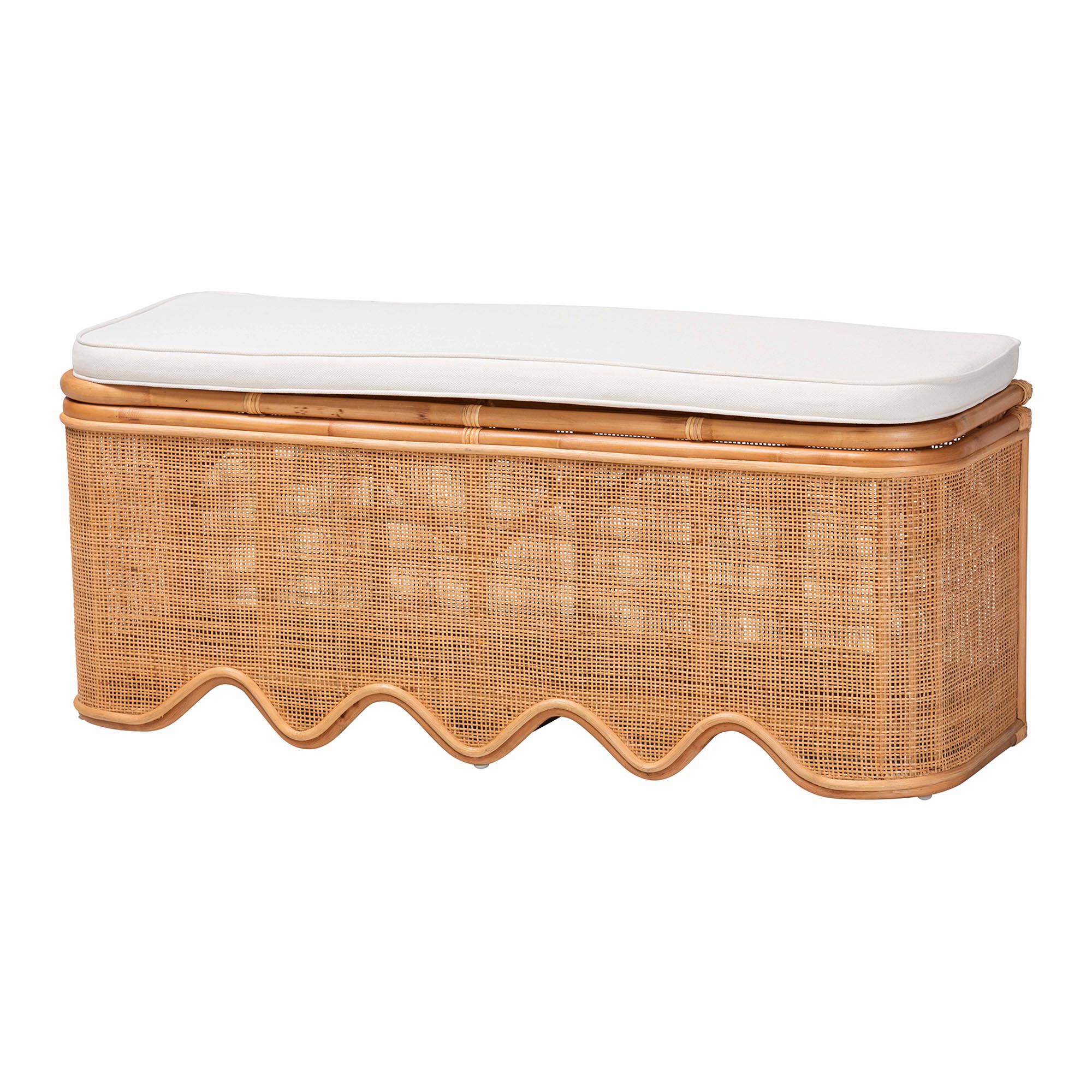 Rivka Natural Rattan Storage Bench with Scalloped Base and Cushion, HONEY, alternate image number 1