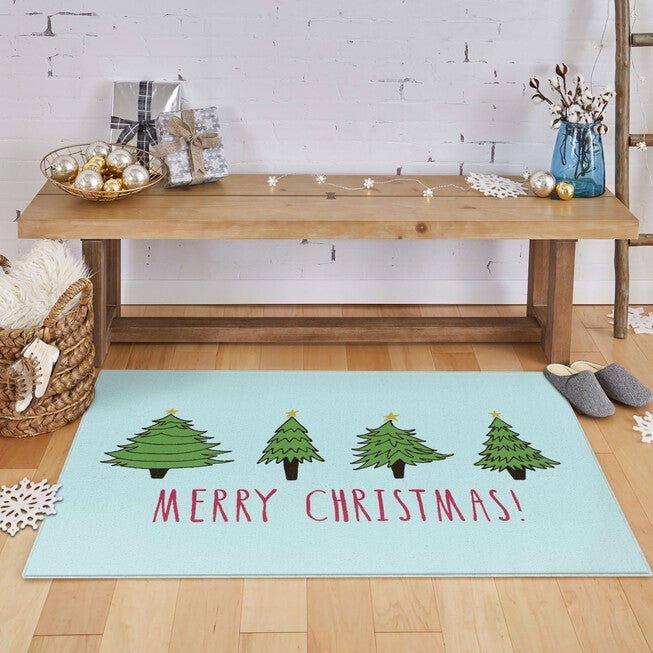 Christmas Trees Light Blue Kitchen Rug, , alternate image number null