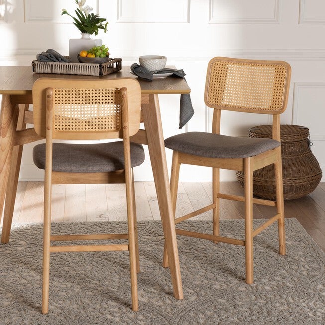 Dannon Mid-Century Modern Grey Fabric And Walnut Brown Finished Wood 2-Piece Counter Stool Set, , alternate image number null