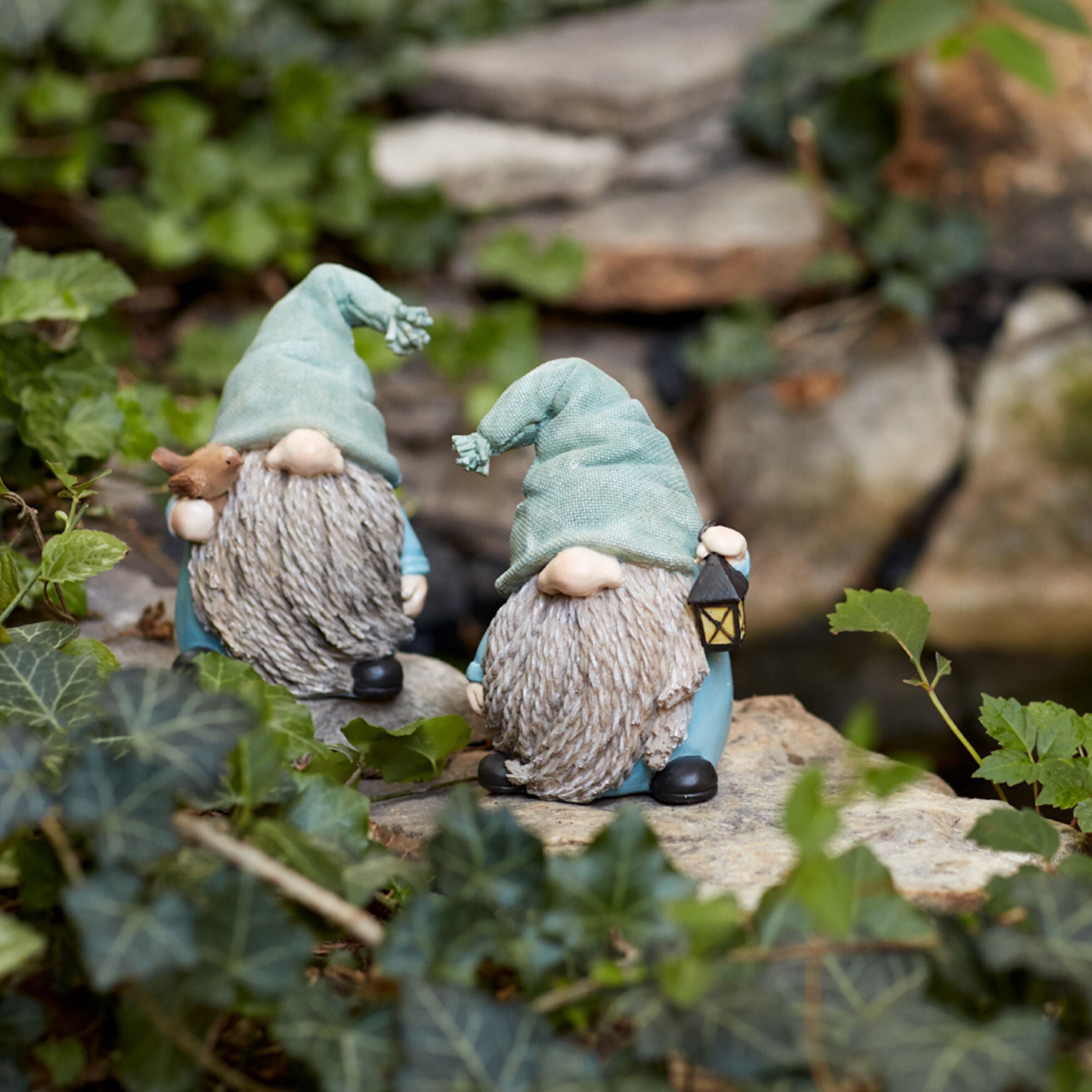 Stone Garden Gnome Figurine With Bird And Lantern Accent (Set Of 4), , alternate image number 3