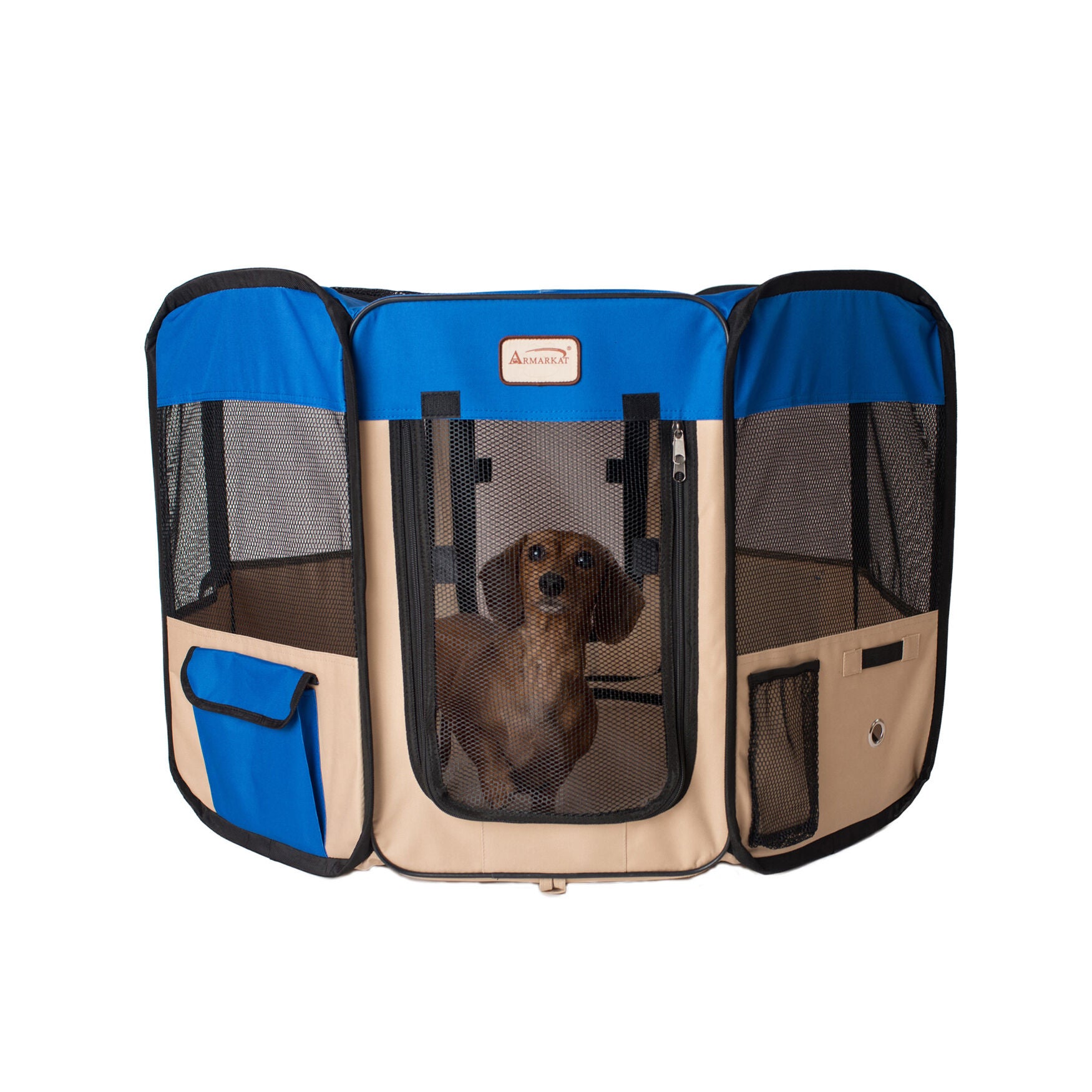 Portable Pet Dog Kitten Playpen In Blue And Beige Combo, , on-hover image number 1