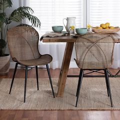 Sabelle Japandi Greywashed Rattan and Black Metal 2-Piece Dining Chair Set