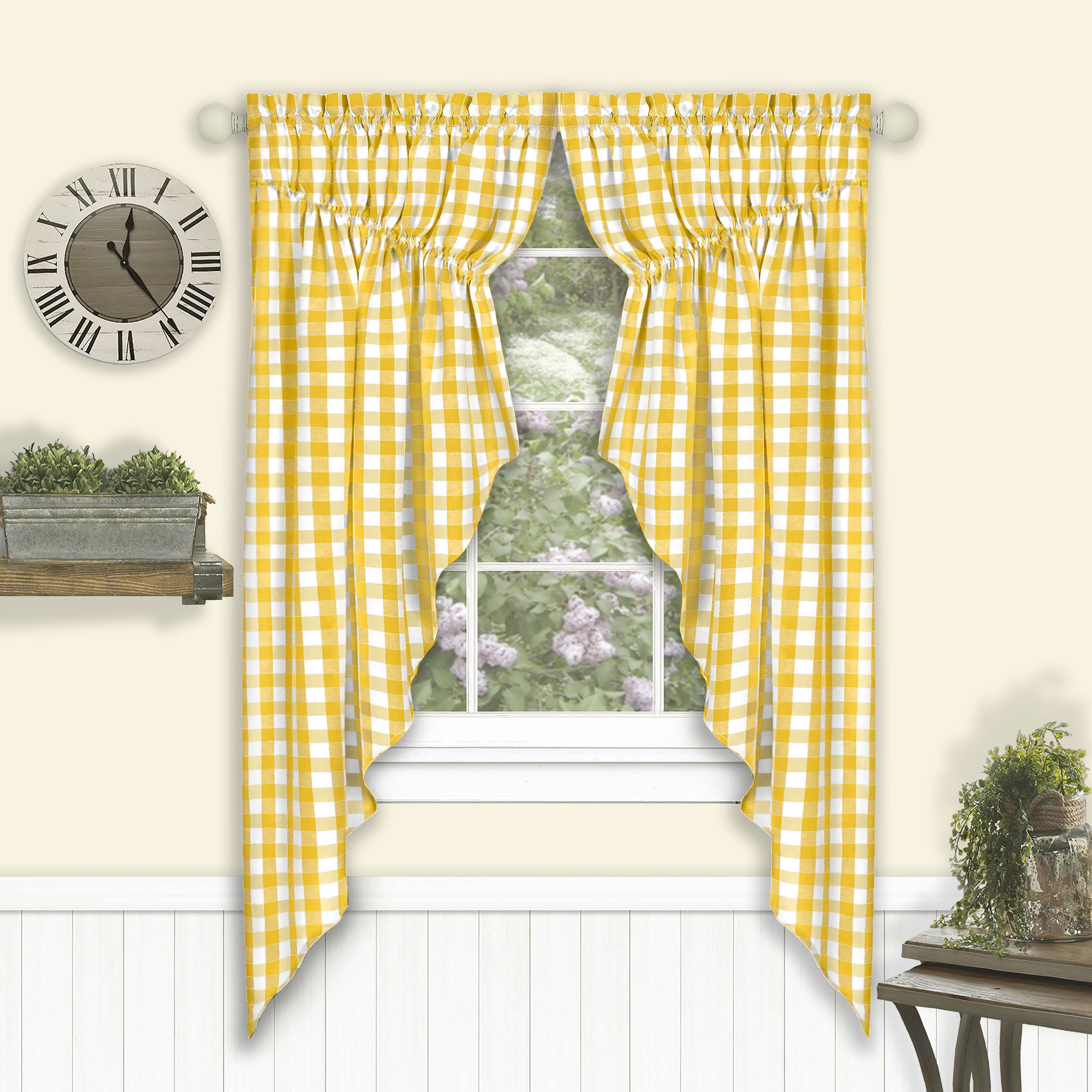 Buffalo Check Gathered Swag Window Curtain Pair, YELLOW, hi-res image number 0