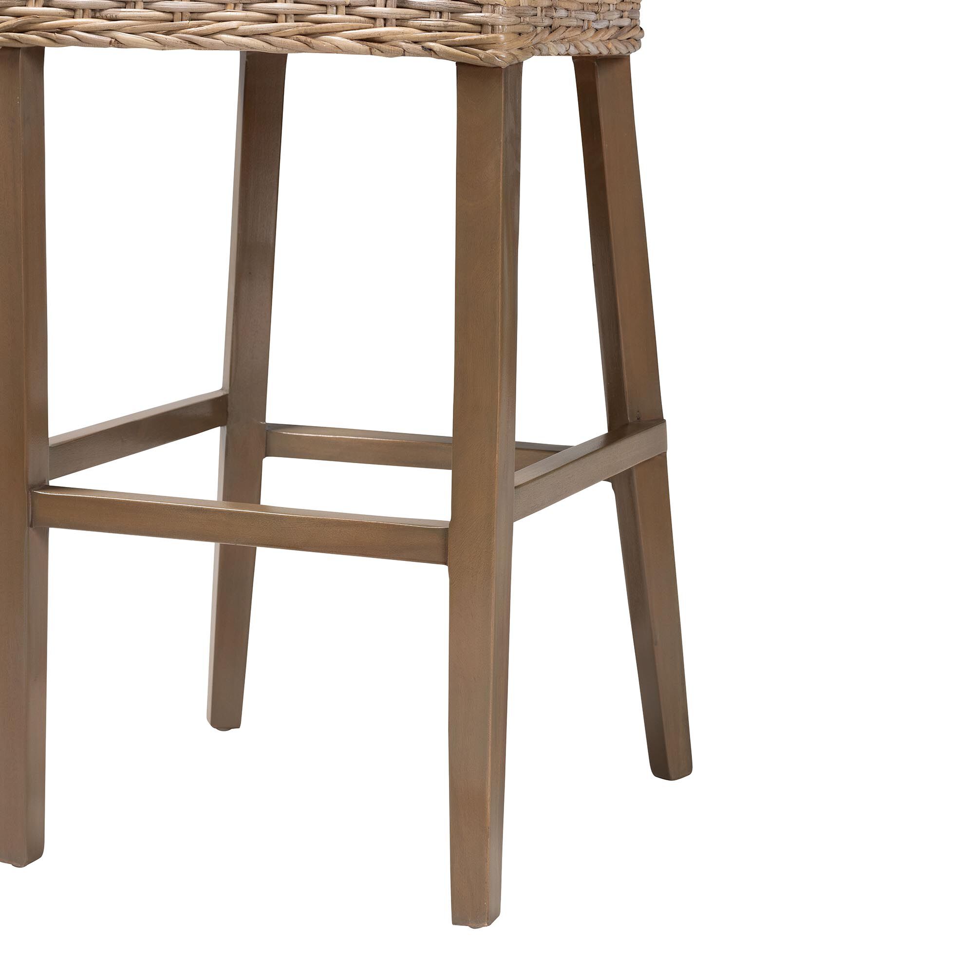 Magy Modern Bohemian Grey Kubu Rattan and Mahogany Wood Bar Stool, GREY, alternate image number 7