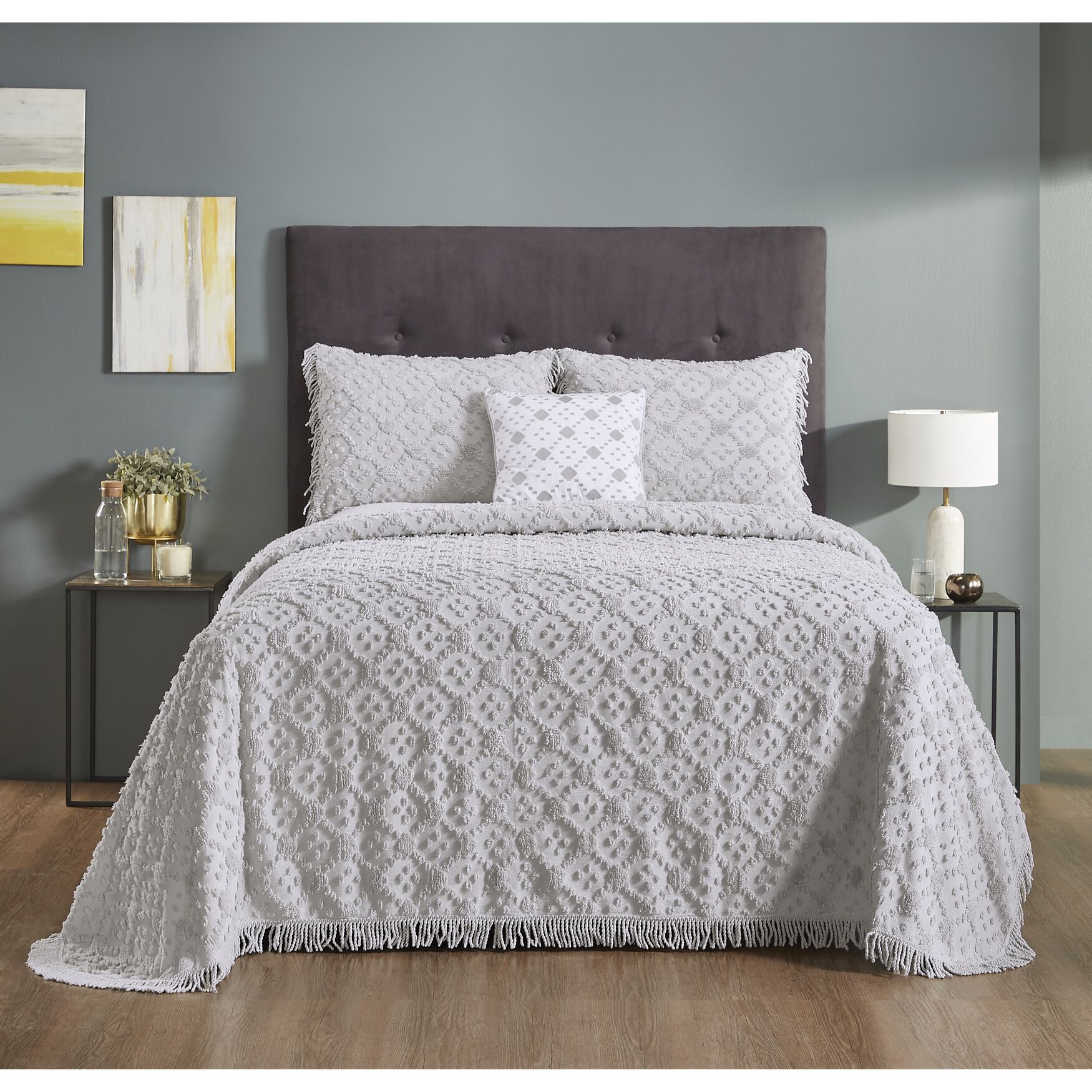 Charleston Collection 100% Cotton Geometric & Diamond Bedspread Set, GRAY, hi-res image number 0