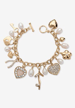 Gold Tone Charm Bracelet Crystal and Cultured Freshwater Pearl 8"