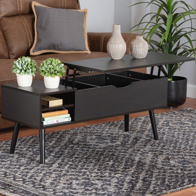 Roden Modern Two-Tone Black And Espresso Brown Finished Wood Coffee Table With Lift-Top Storage Compartment, , alternate image number null
