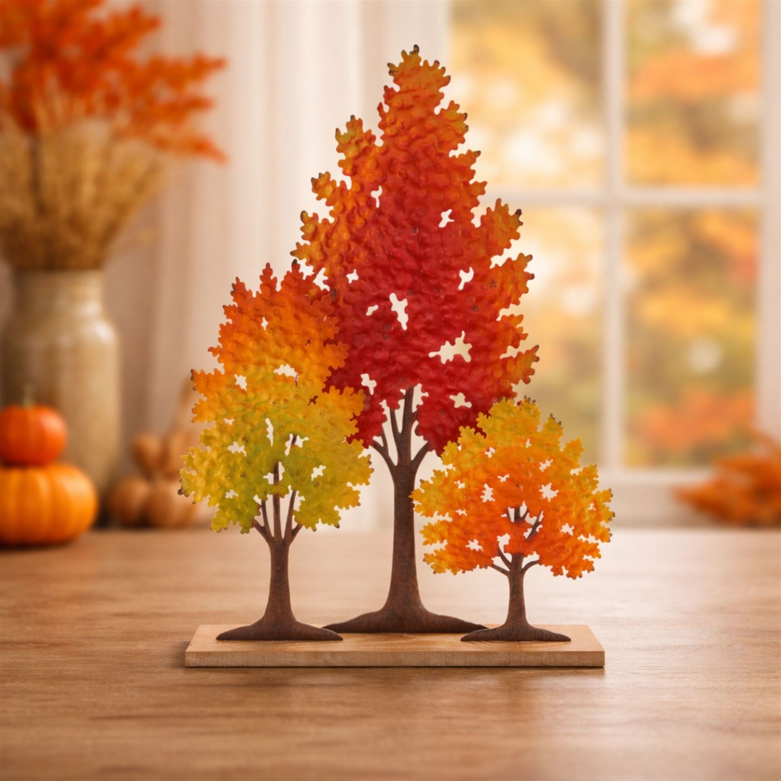 Cut-Out Metal Trees on Wood Base 24.5 inchesH, RED YELLO ORANGE, alternate image number 1
