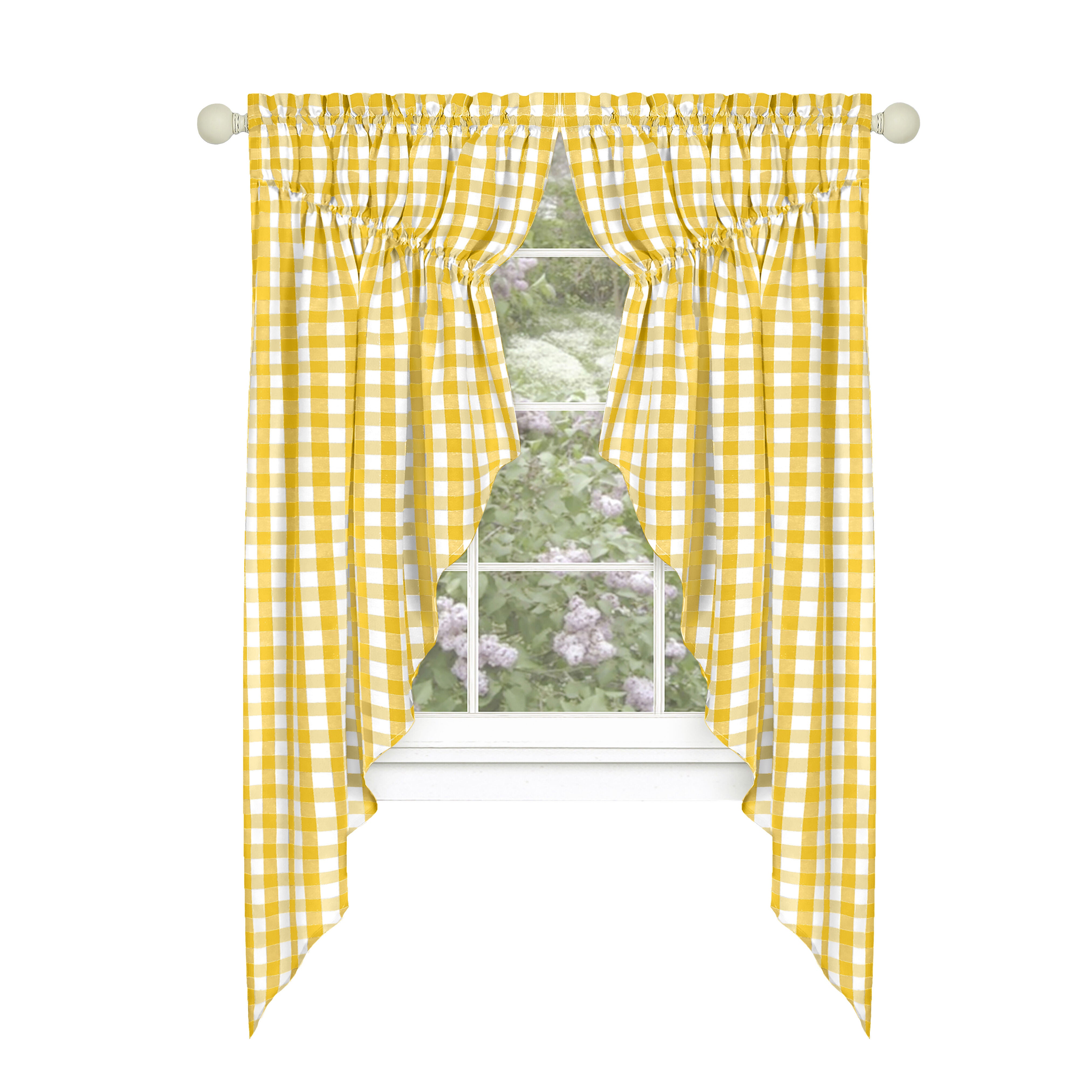 Buffalo Check Gathered Swag Window Curtain Pair, YELLOW, alternate image number 1