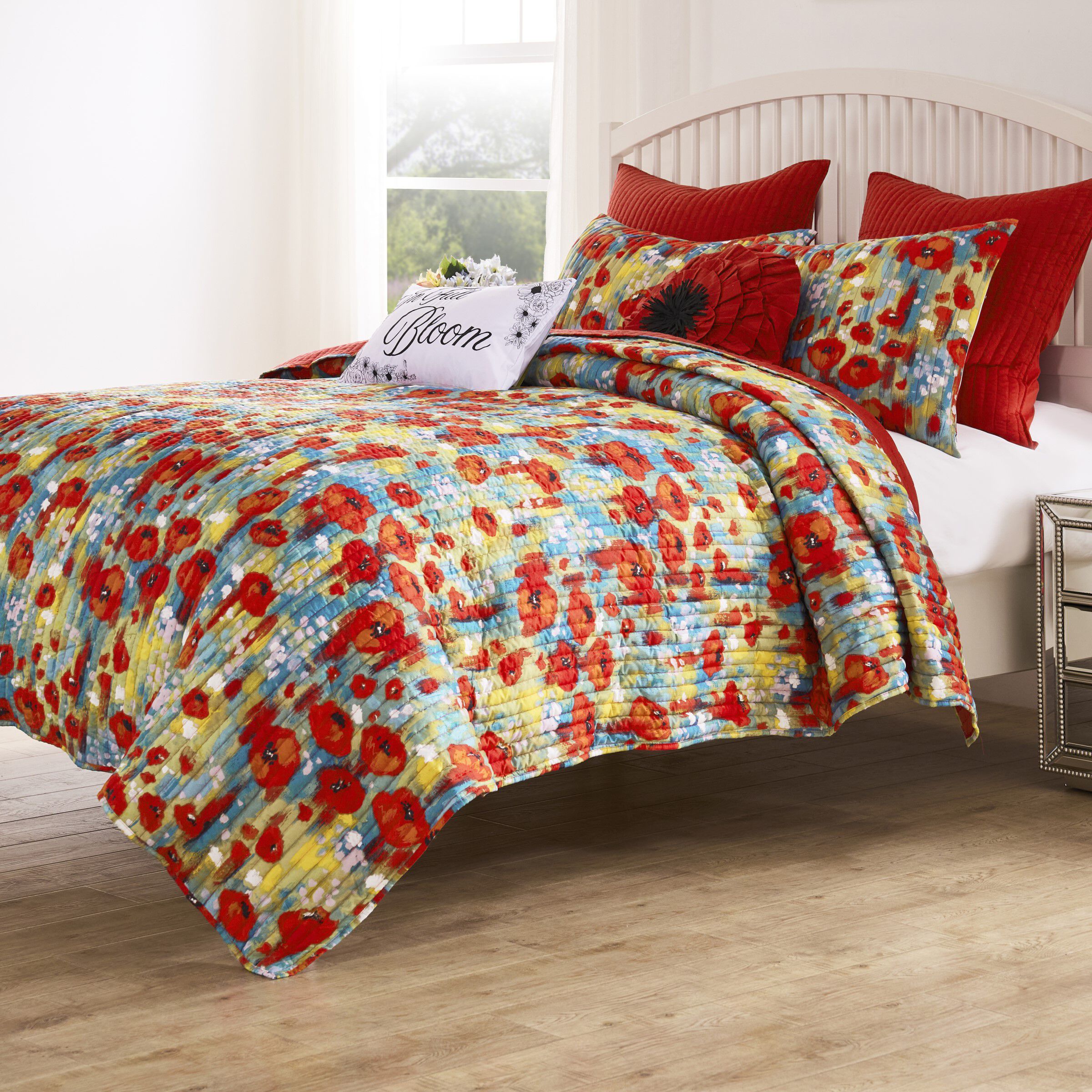 Poppies Modern Boho Floral Finely Stitched Quilt Set, RED, alternate image number 2