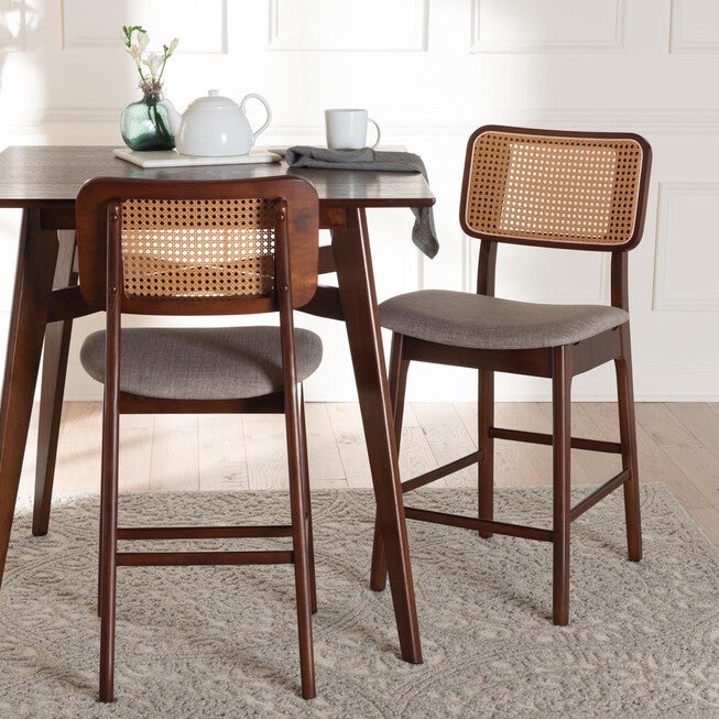 Dannon Mid-Century Modern Grey Fabric And Walnut Brown Finished Wood 2-Piece Counter Stool Set, , alternate image number null