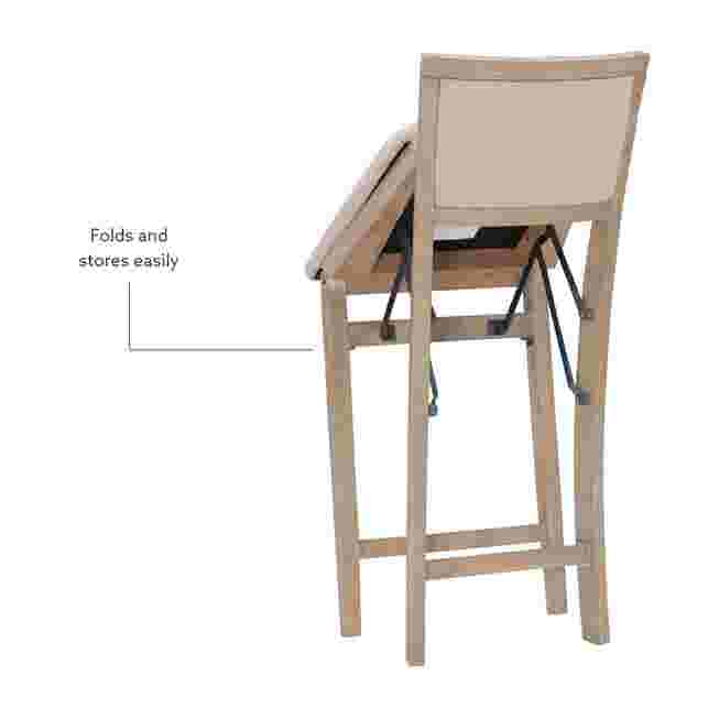Rear view of a grey wash folding stool with text describing its folding mechanism