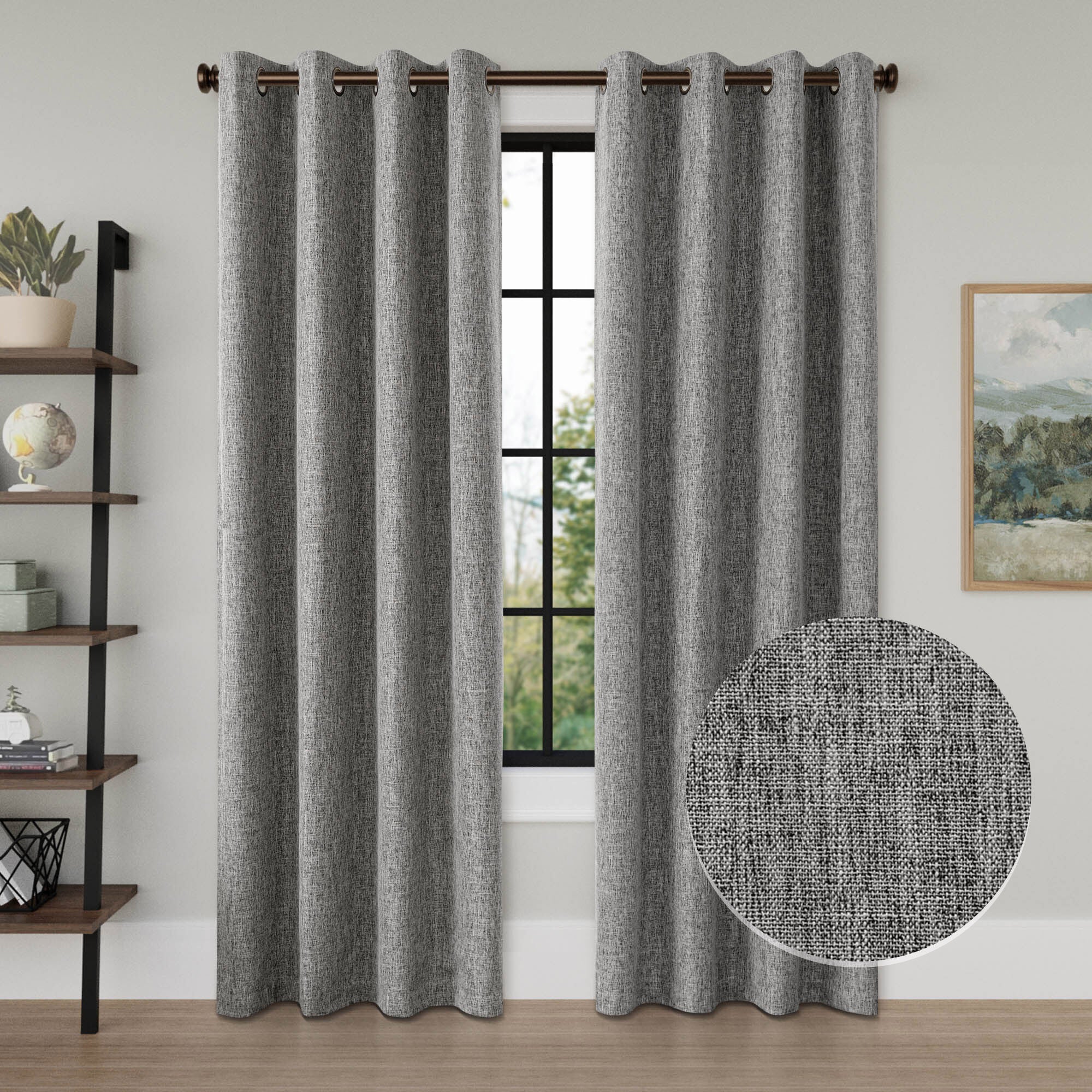 Linen Texture 100% Blackout Grommet Pair, HEATHER DARK GREY, hi-res image number 0