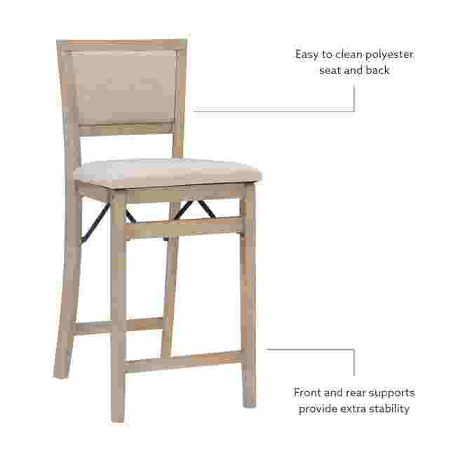 Grey wash folding stool with text highlighting its features
