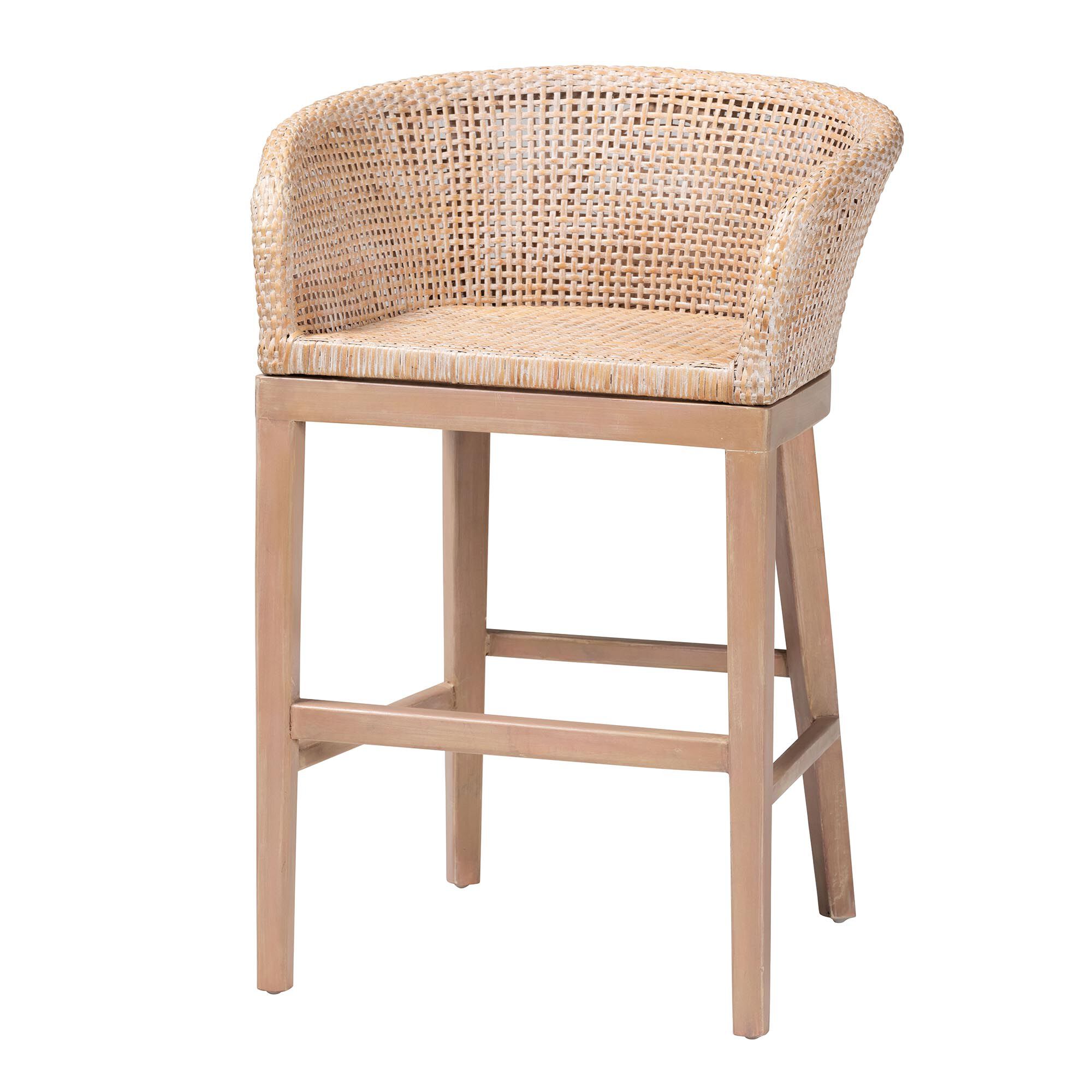 Papua Modern Bohemian Antique White Washed Rattan and Mahogany Wood Counter Stool, BROWN, alternate image number 2