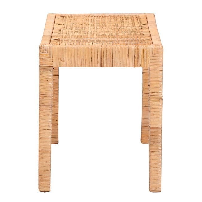 Abelia Modern Bohemian Natural Rattan And Mahogany Wood Short Accent Bench, , alternate image number 2