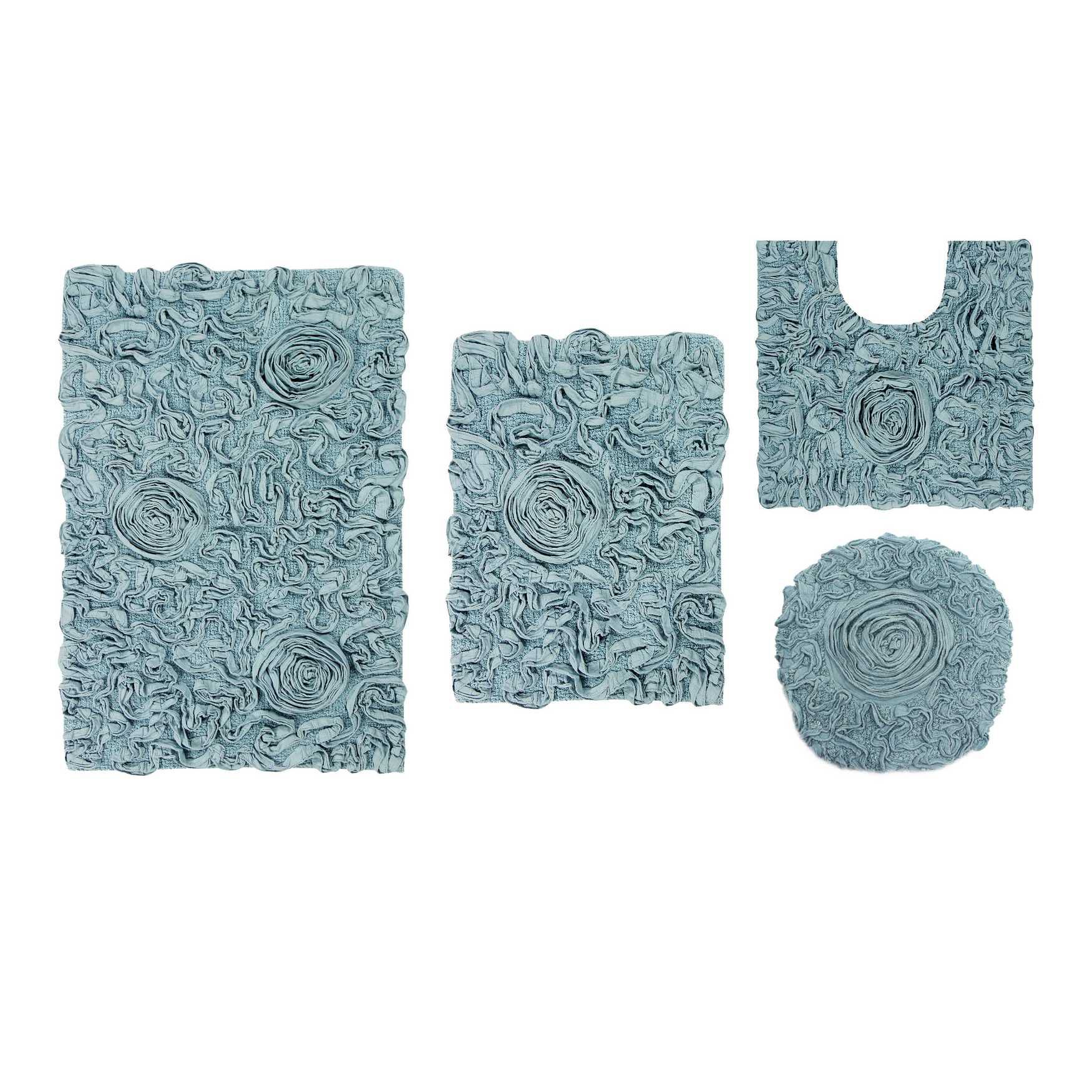Bell Flower 4 Piece Set Bath Rug Collection, BLUE, hi-res image number 0