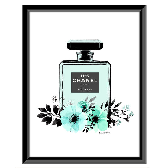Chanel Bottle Floral - Teal / White - 14x18 Framed Print, TEAL WHITE, hi-res image number null