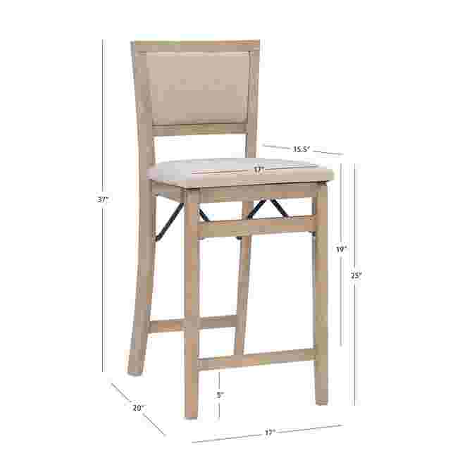 Grey wash folding stool with dimensions shown