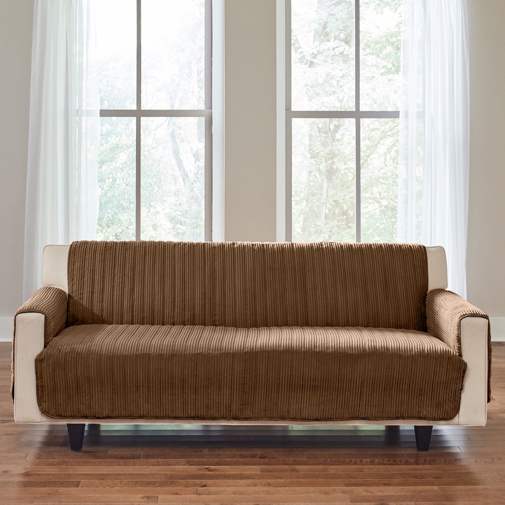 Extra-Long Reversible Plush Stripe Furniture Protector, CHOCOLATE, hi-res image number 0