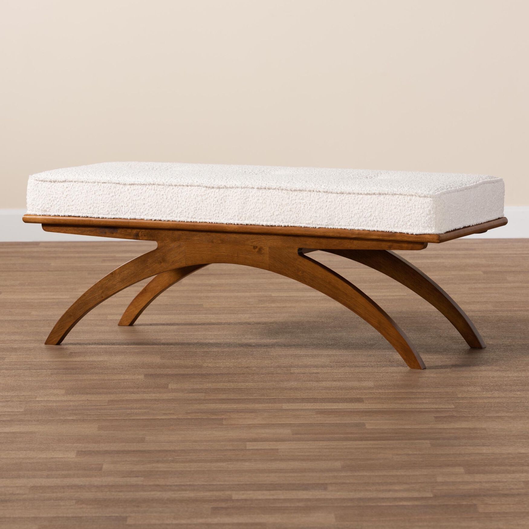 Orella Japandi Cream Boucle Fabric And Walnut Brown Finished Wood Bench, , alternate image number 5