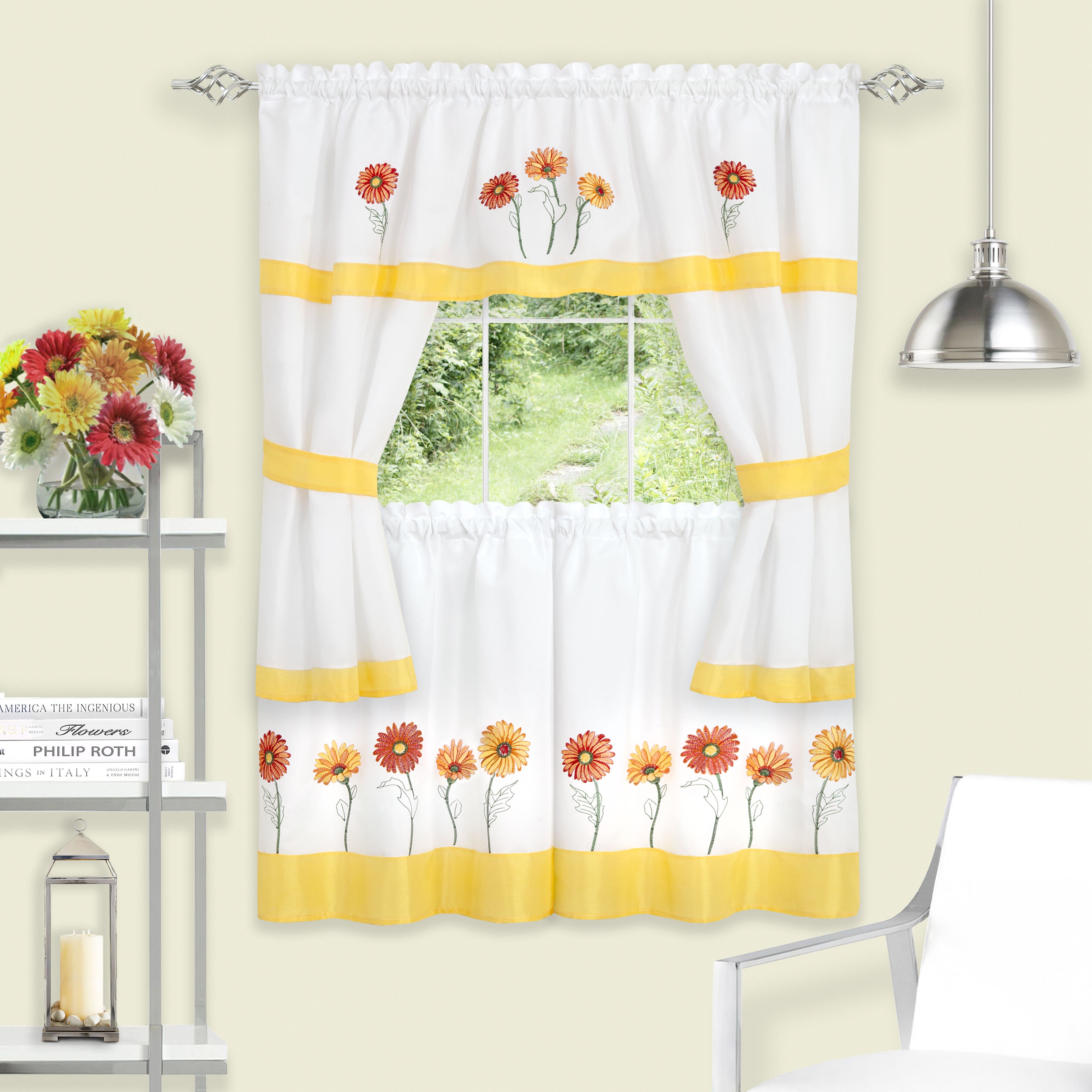 Gerbera Daisy Embellished Cottage Window Curtain Set, YELLOW, hi-res image number 0