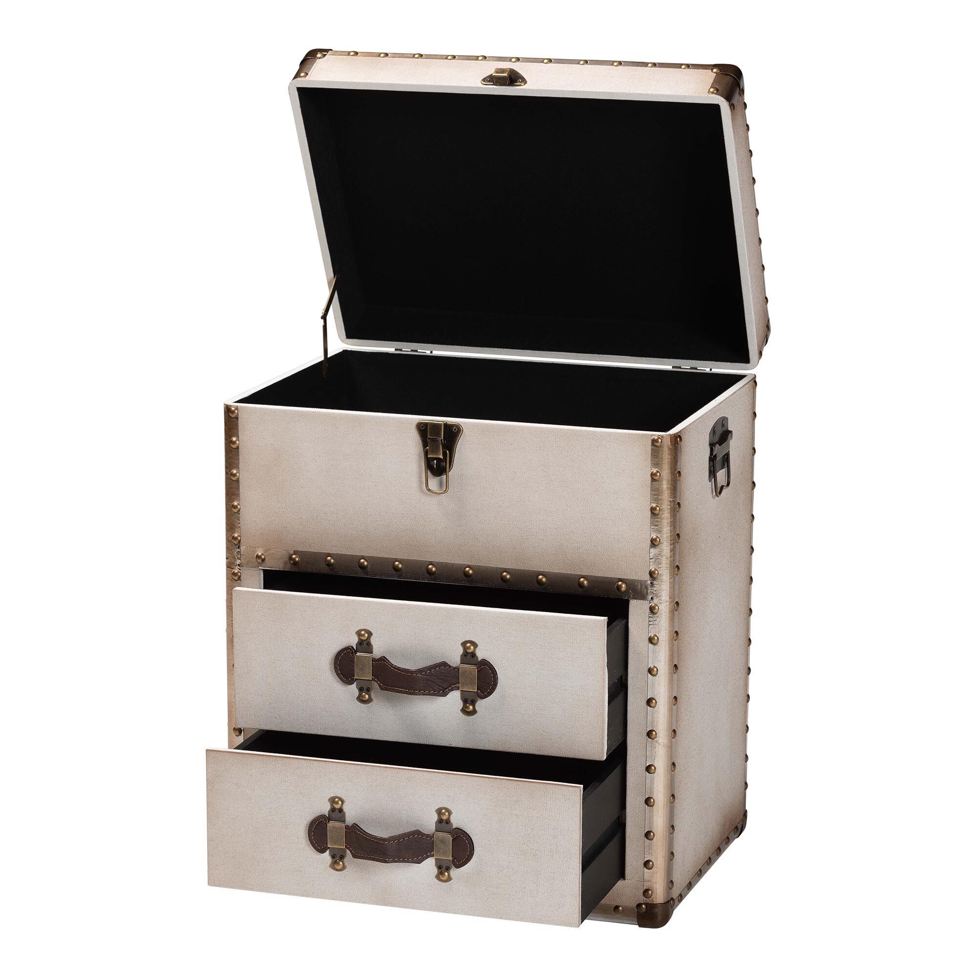 Agatha Vintage Coffee Canvas 2-Drawer Storage Trunk, BEIGE, alternate image number 2