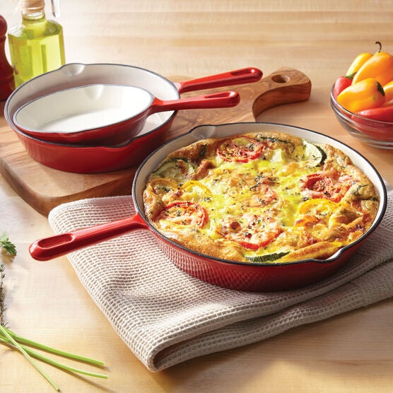 3-Pc. Cast Iron Enameled Skillet Set, RED, hi-res image number null