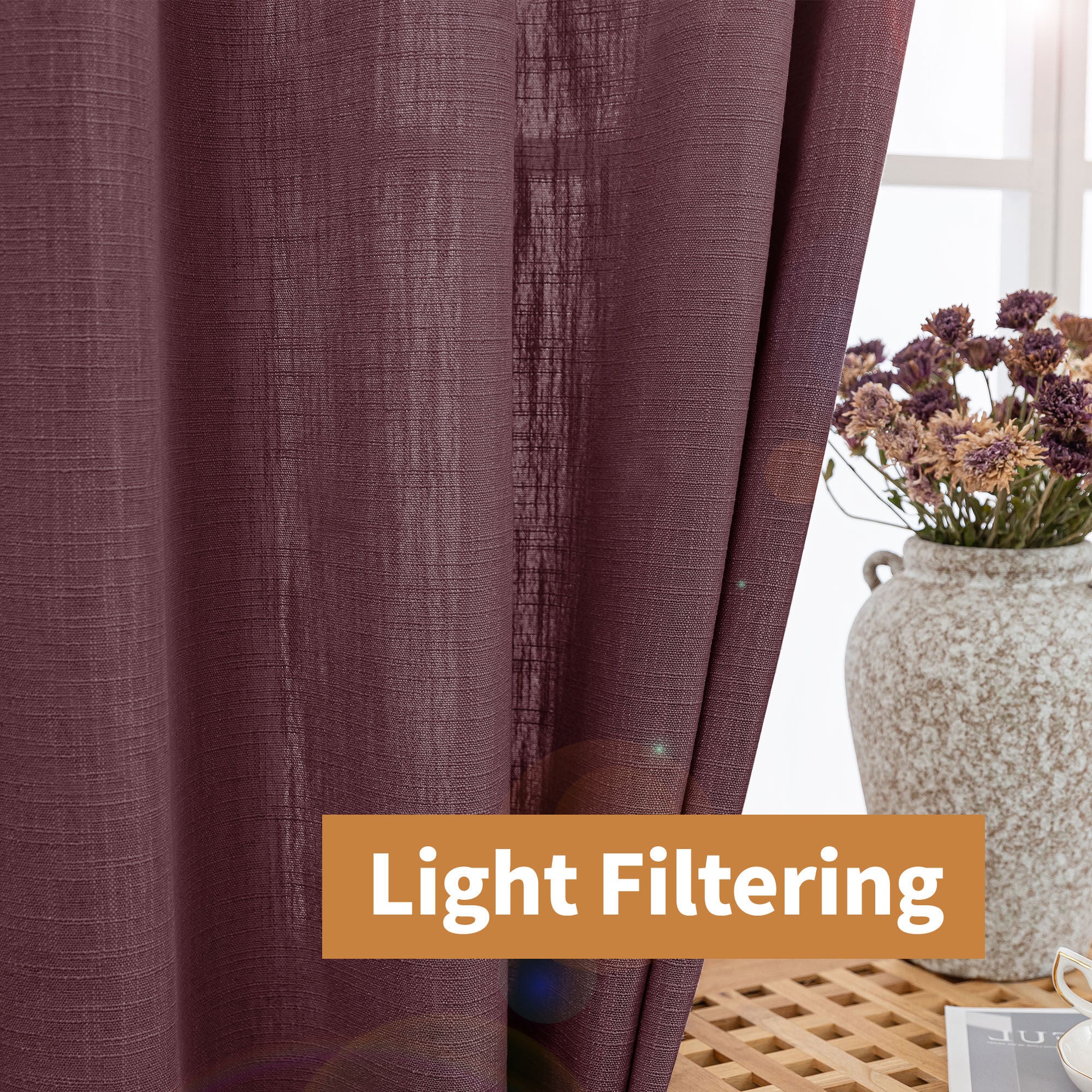 Slub Linen Texture Privacy and Light Filtering Grommet Pair, PURPLISH RED, alternate image number 3