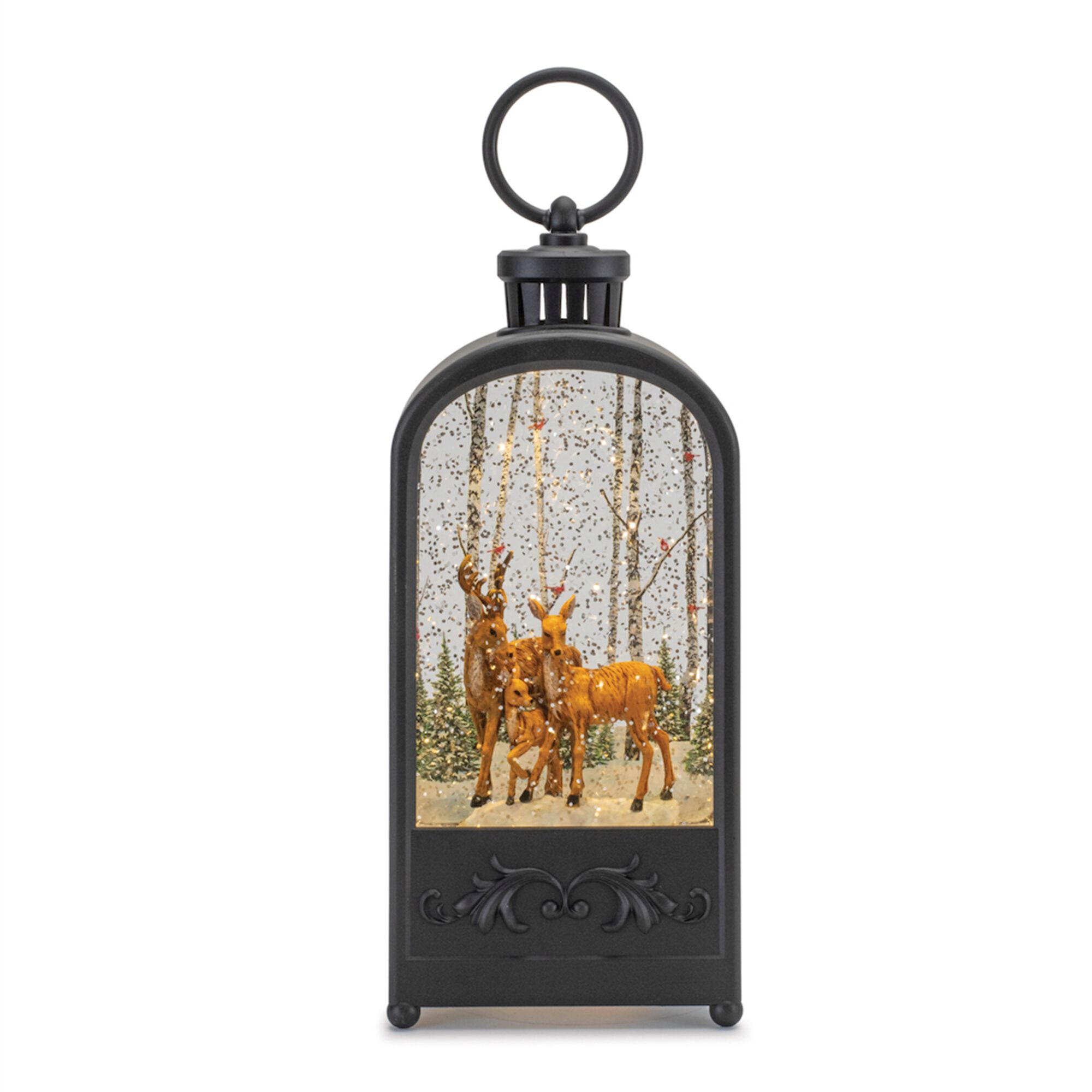 LED Snow Globe Lantern with Forest Deer 9.5 inchesH, BRONZE BROWN, hi-res image number 0