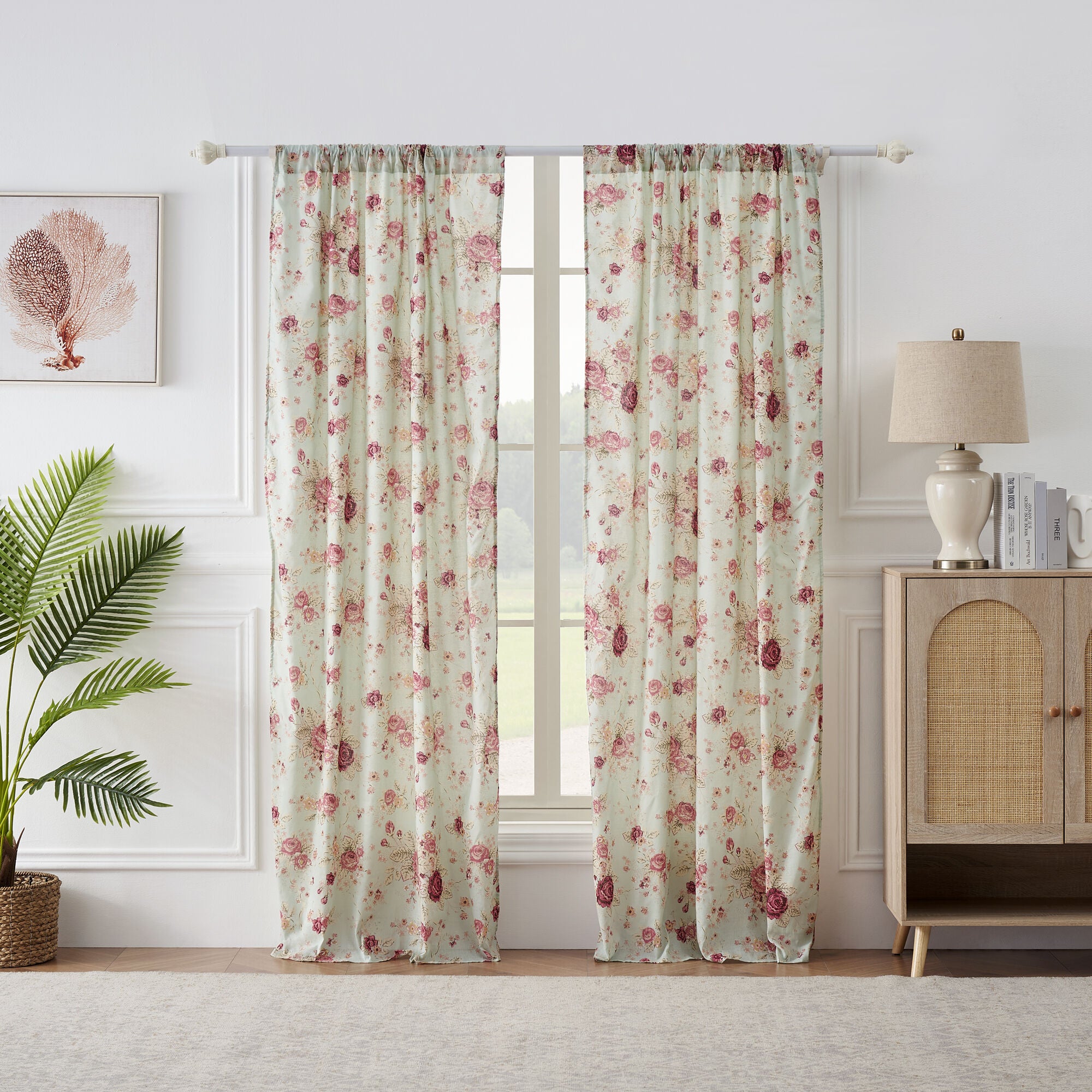 Antique Rose 100% Cotton Window Curtain Panels, Set of 2, 84 inches, BLUE, hi-res image number 0