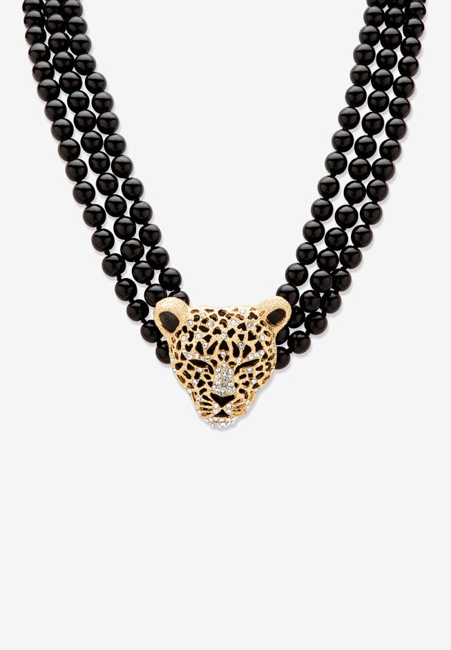 Gold Tone Leopard Beaded Collar Necklace (49mm), Crystal, 20 inches plus 2 inches, GOLD, hi-res image number 0