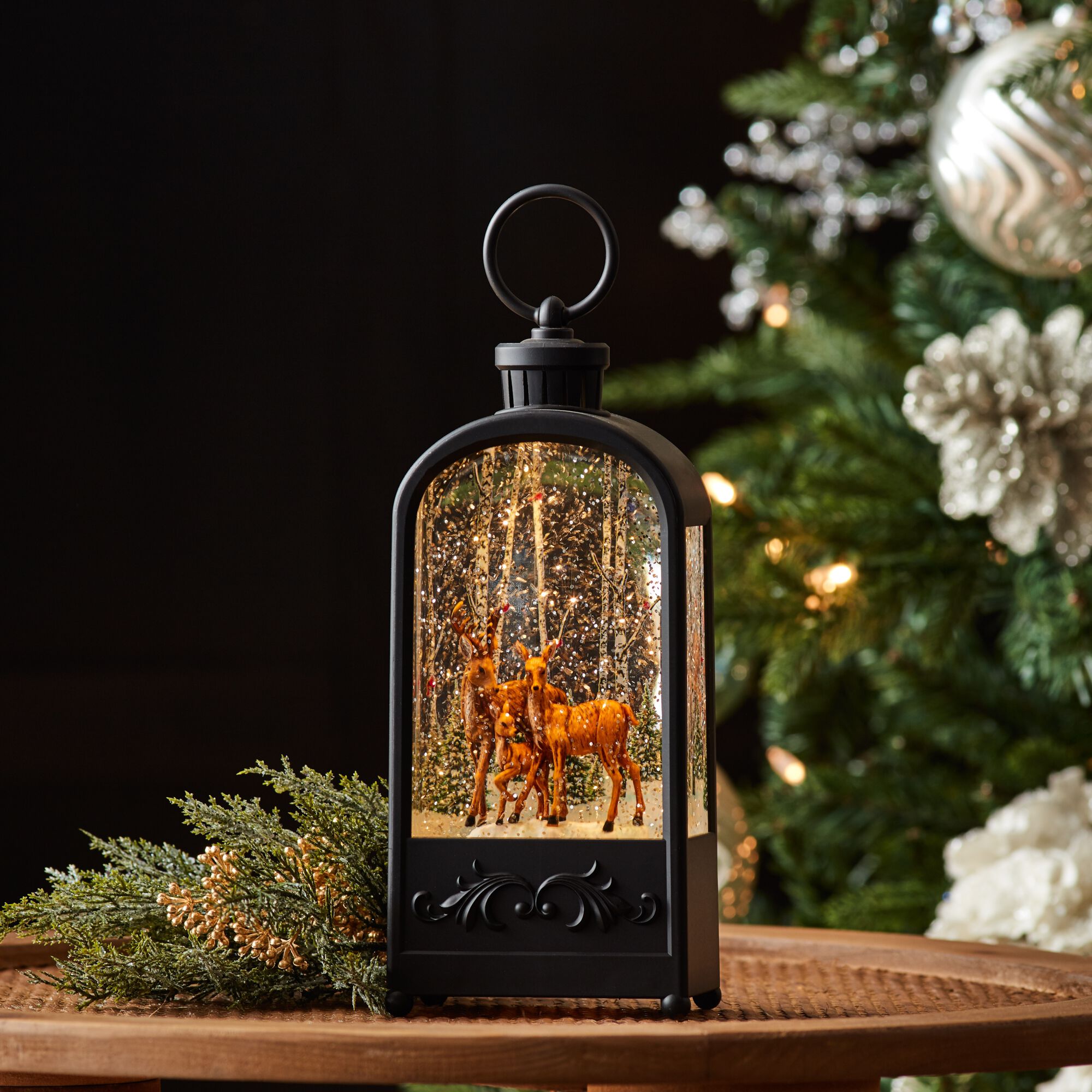 LED Snow Globe Lantern with Forest Deer 9.5 inchesH, BRONZE BROWN, alternate image number 1