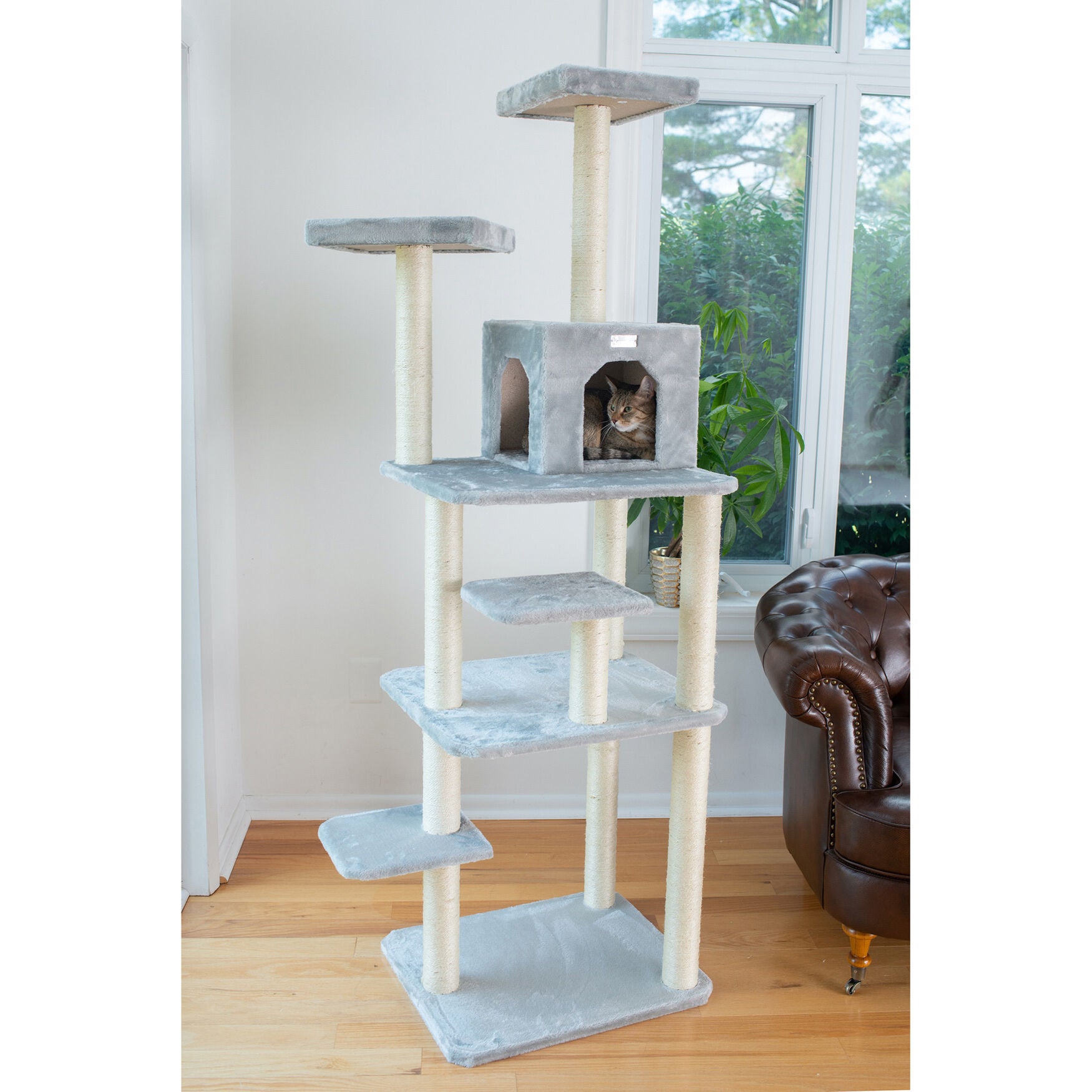 Gleepet 74 inches Real Wood Cat Tree With Seven Levels, Silver Gray, , on-hover image number 1