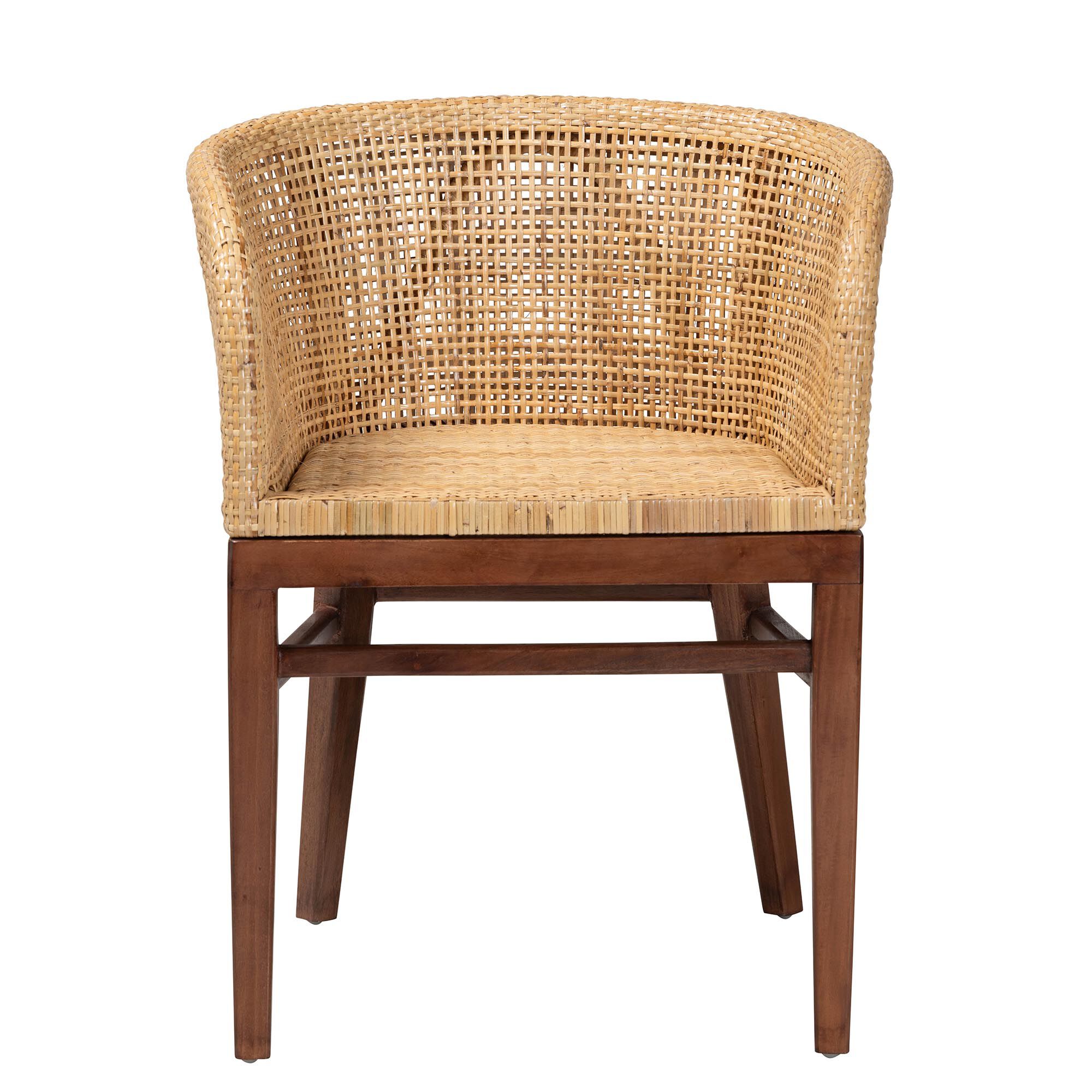 Papua Modern Bohemian Natural Rattan and Walnut Brown Acacia Wood Dining Chair, BROWN, alternate image number 3