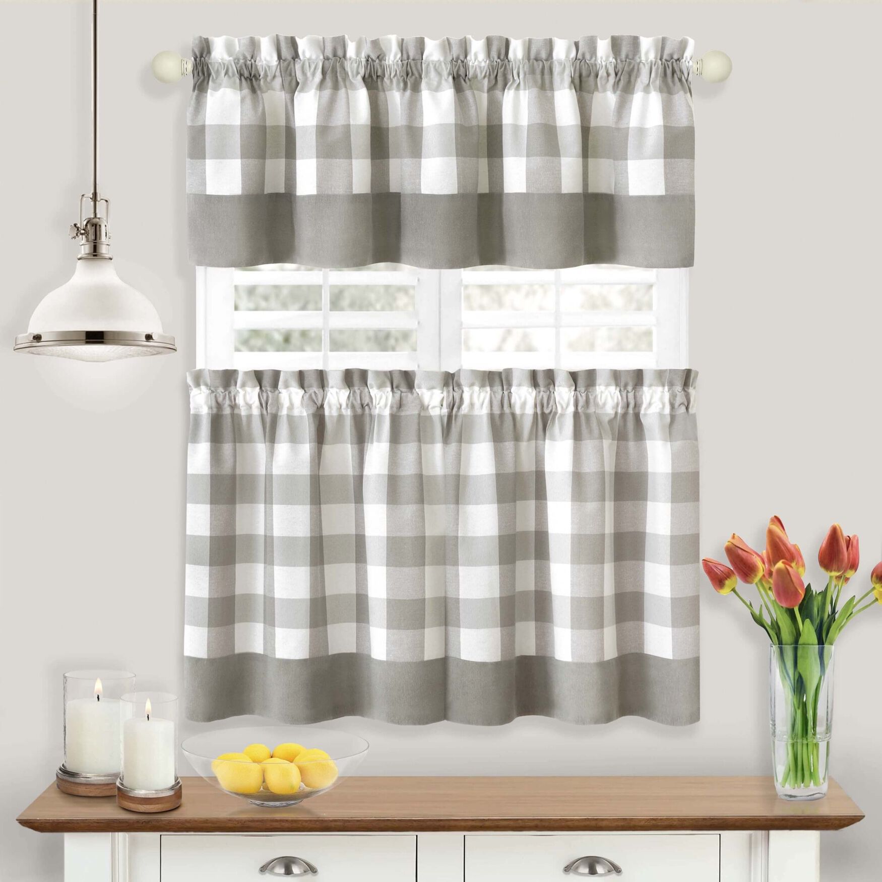 Hunter Window Curtain Tier Pair And Valance Set, GREY, hi-res image number 0