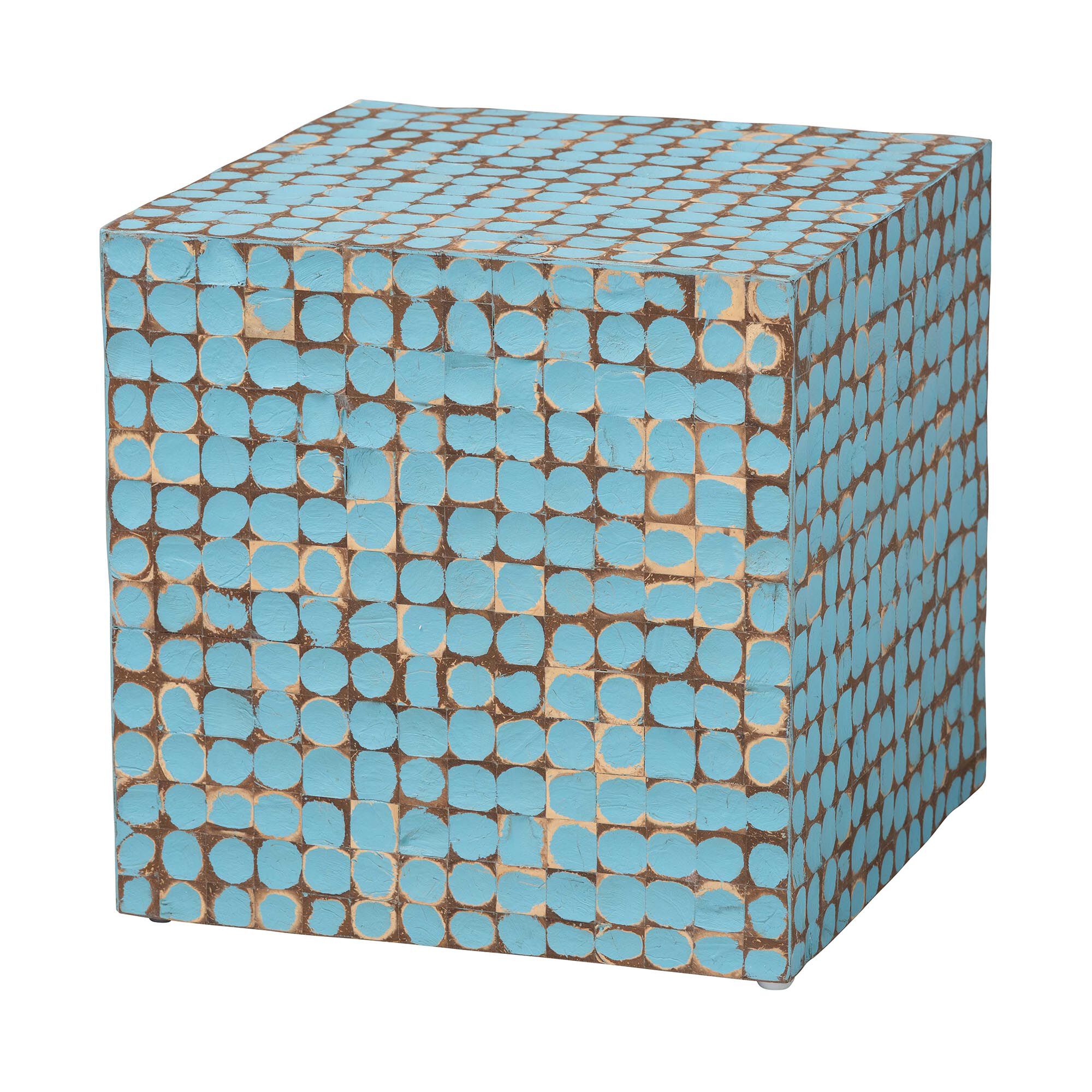 Janella Bohemian Coconut Shell and Acacia Wood End Table, BLUE, alternate image number 1