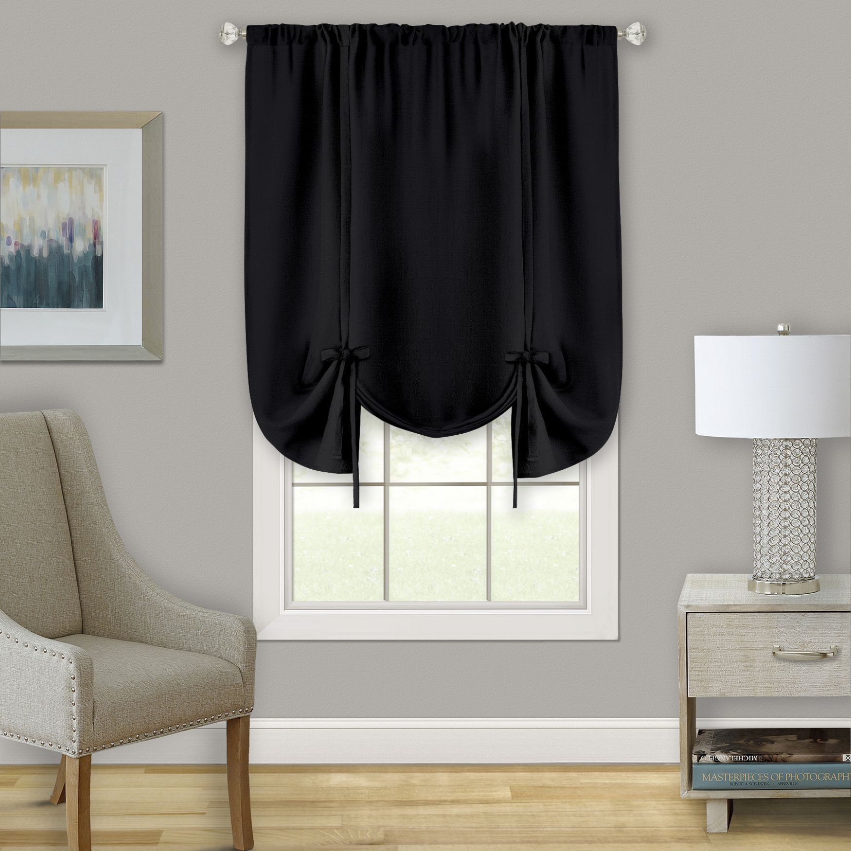 Darcy Window Curtain Tie Up Shade - 58x63, BLACK, hi-res image number 0
